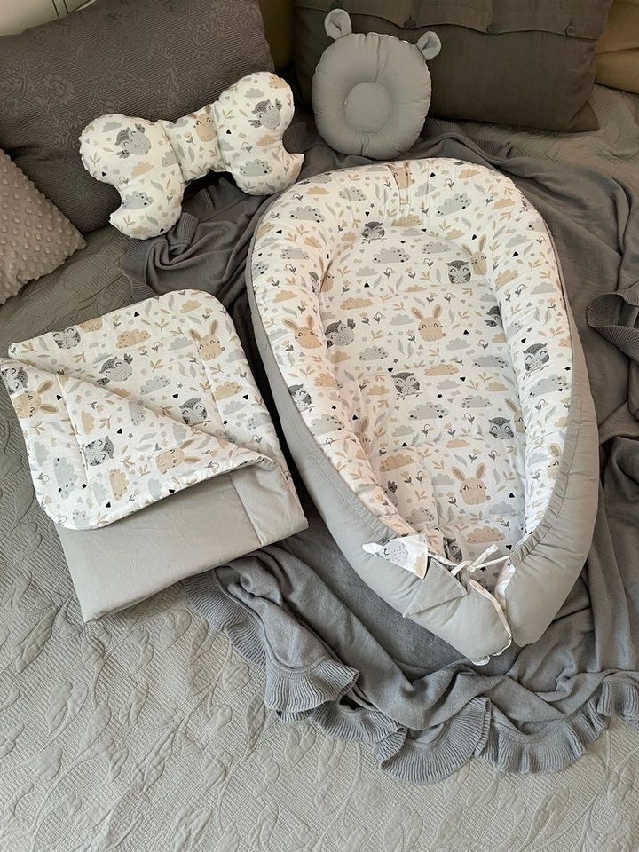 Loolay Bettnestchen BIO BAUMWOLLE BABYNEST Babykokon Neugeborene Babyaustattung SET, (4 Jahreszeiten Kuschelnest Reisebett SOLO/ o. im Premium SETS, 4-tlg., MUSTER: HASE Beige/ GRAU Nestchen 100% Baumwolle), LOOLAY® - 100% Europäische Stoffe und Kleinseri