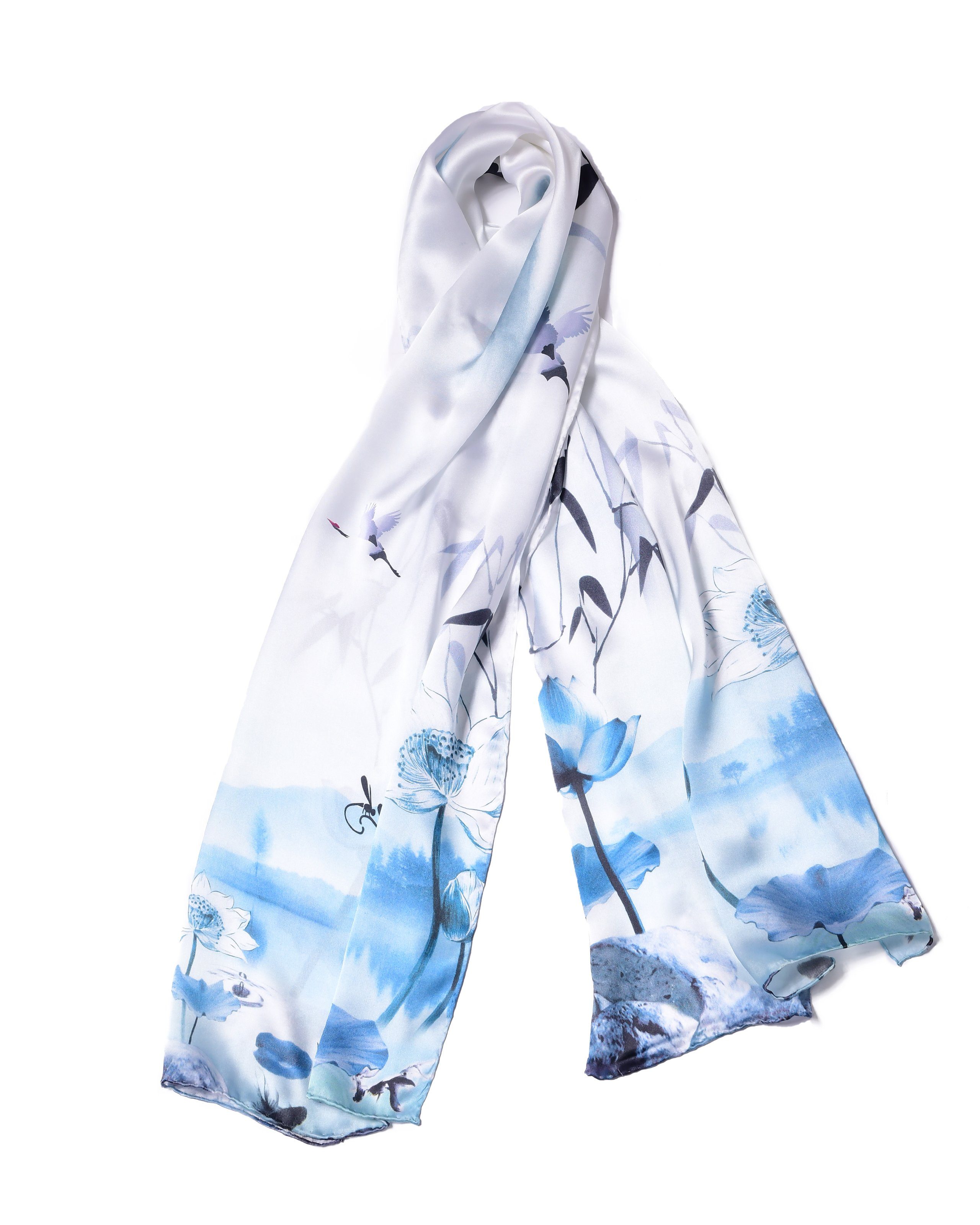 MayTree Seidenschal Lotus Blau, 55 x 175 cm, leichter Damen-Schal, alljährig, (Stück, 1-St), 100% Seide