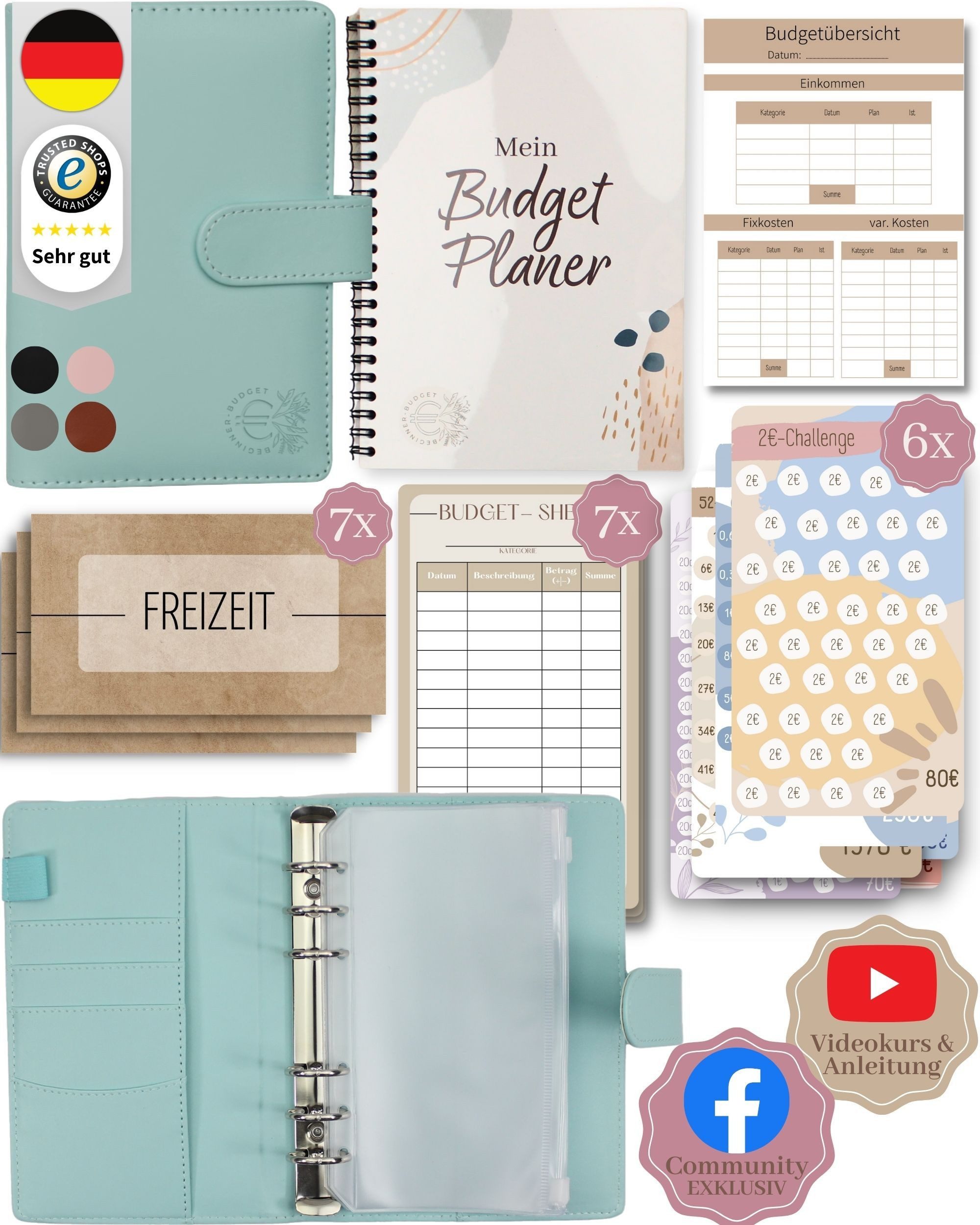 BeginnerBudget Ringbuchkalender Budget Planner & Haushaltsbuch Starter-Set: Sparbuch & Spar-Challenges, Sparen mit Umschlagmethode + Anleitung - Ringbuch - Binder A6