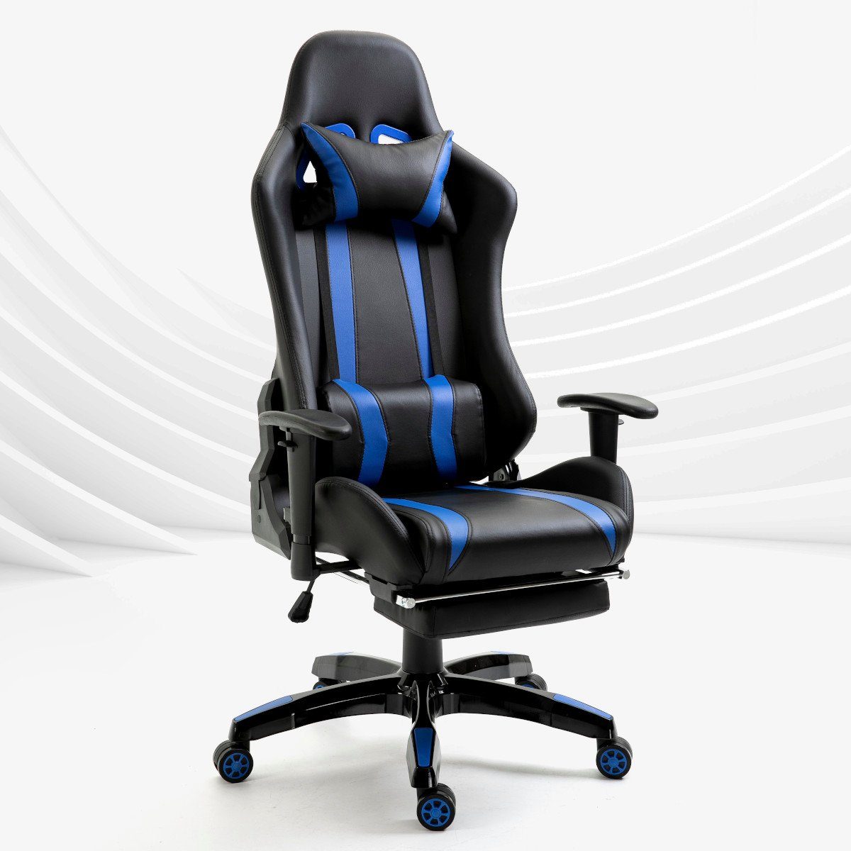 SVITA Gaming Chair GAMYX (1 St), ausziehbare Fußablage, verstellbare Armlehnen, Lenden- & Nackenkissen Schwarz mit blauen Streifen | Schwarz mit blauen Streifen