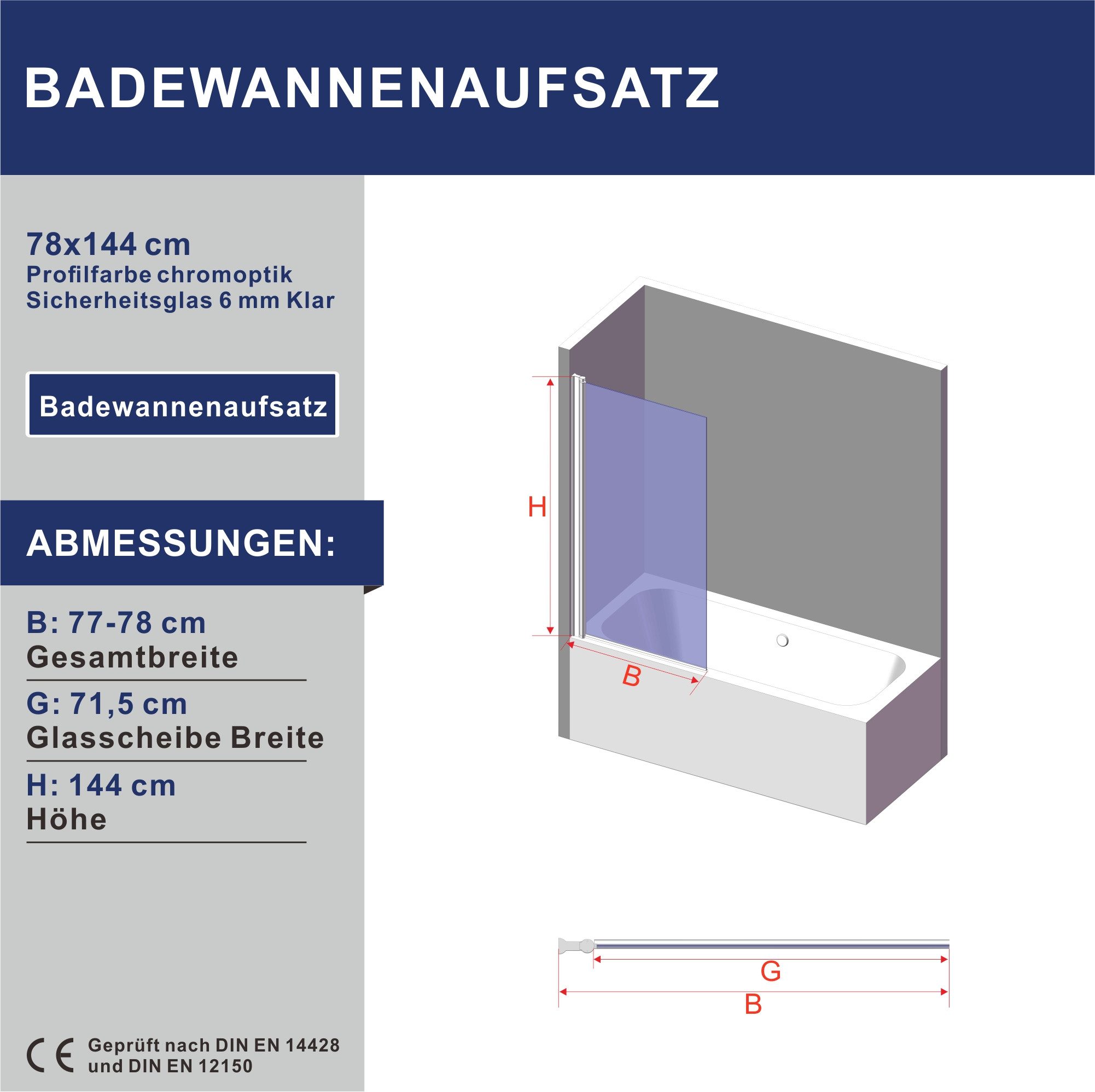 AQUABATOS Badewannenaufsatz Badewannenaufsatz 6mm Sicherheitsglas Glaswand Duschwand für Badewanne, Sicherheitsglas, Chromoptik, Eloxierte Aluminiumprofile, in beide Richtungen drehbar