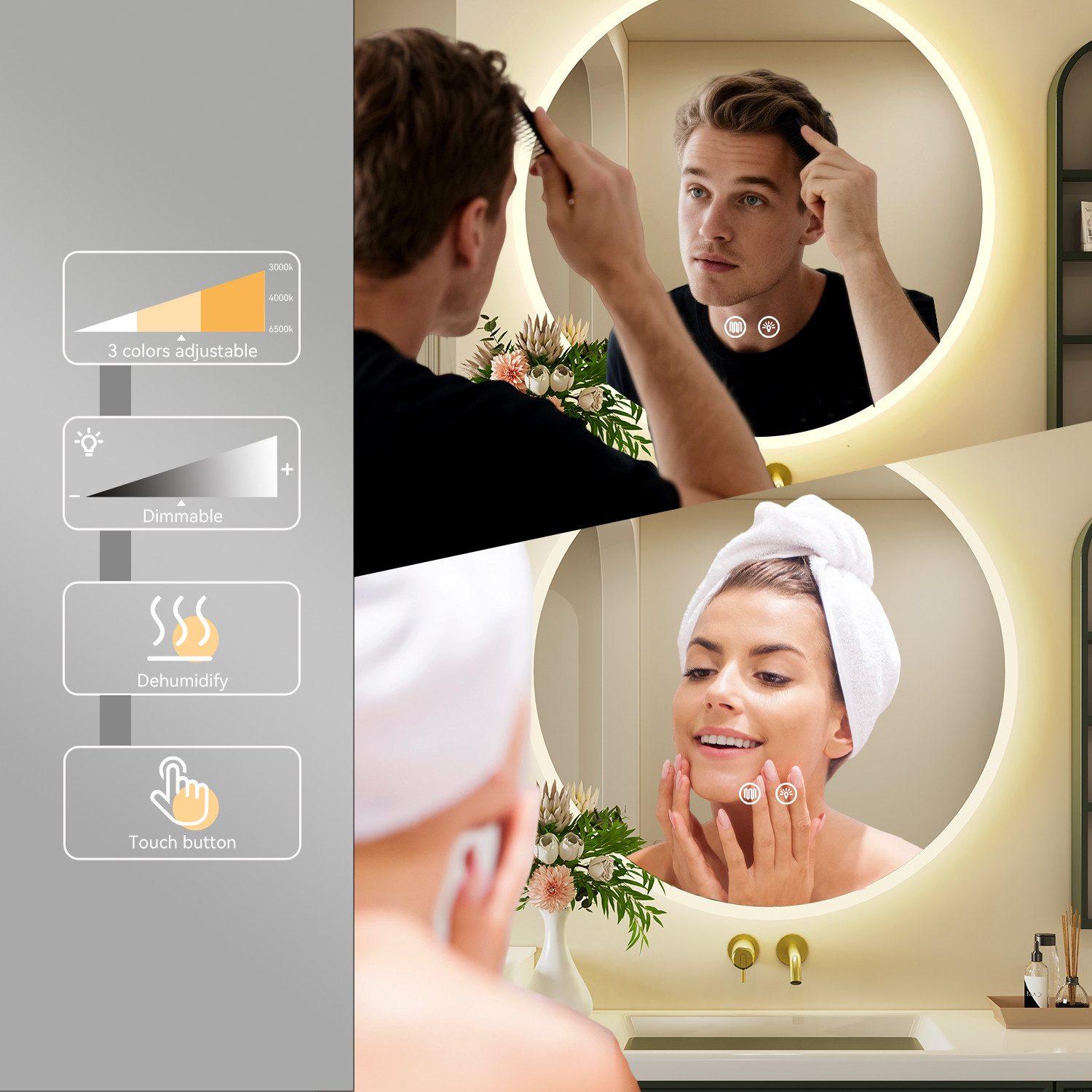 oyajia Badspiegel Rund mit LED Beleuchtung Wandspiegel, Rahmen Antibeschlag Badspiegel (3 Lichtfarben Dimmbare Touchschalter Antibeschlag eingebaute Sicherung), – Bild 5 von 5