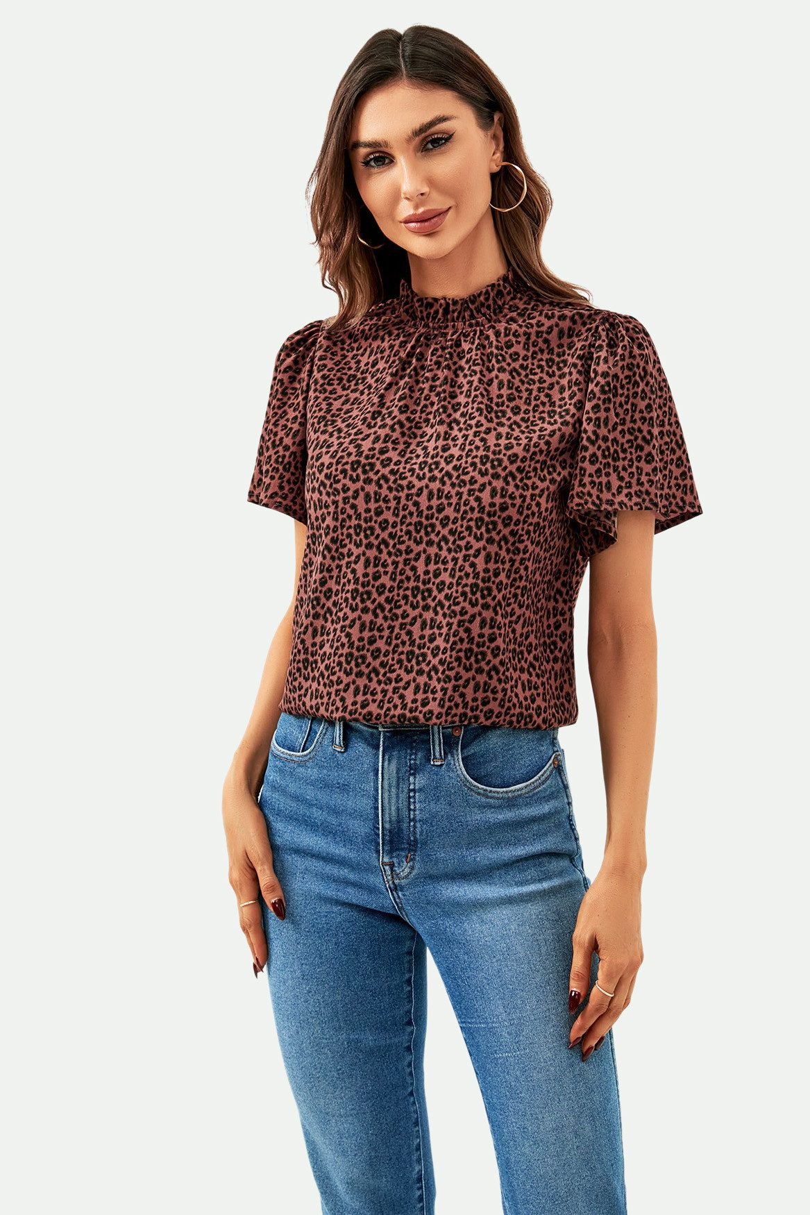 FS Collection Kurzarmbluse Damen Bluse mit Engelsärmeln und hohem Kragen im Leo-Design (XS (EU:36 / UK:8) · S (EU:38 / UK:10) · M (EU:40 / UK:12) · L (EU:42 / UK:14) · XL (EU:44 / UK:16) leicht, fließend, formstabil und pflegeleicht