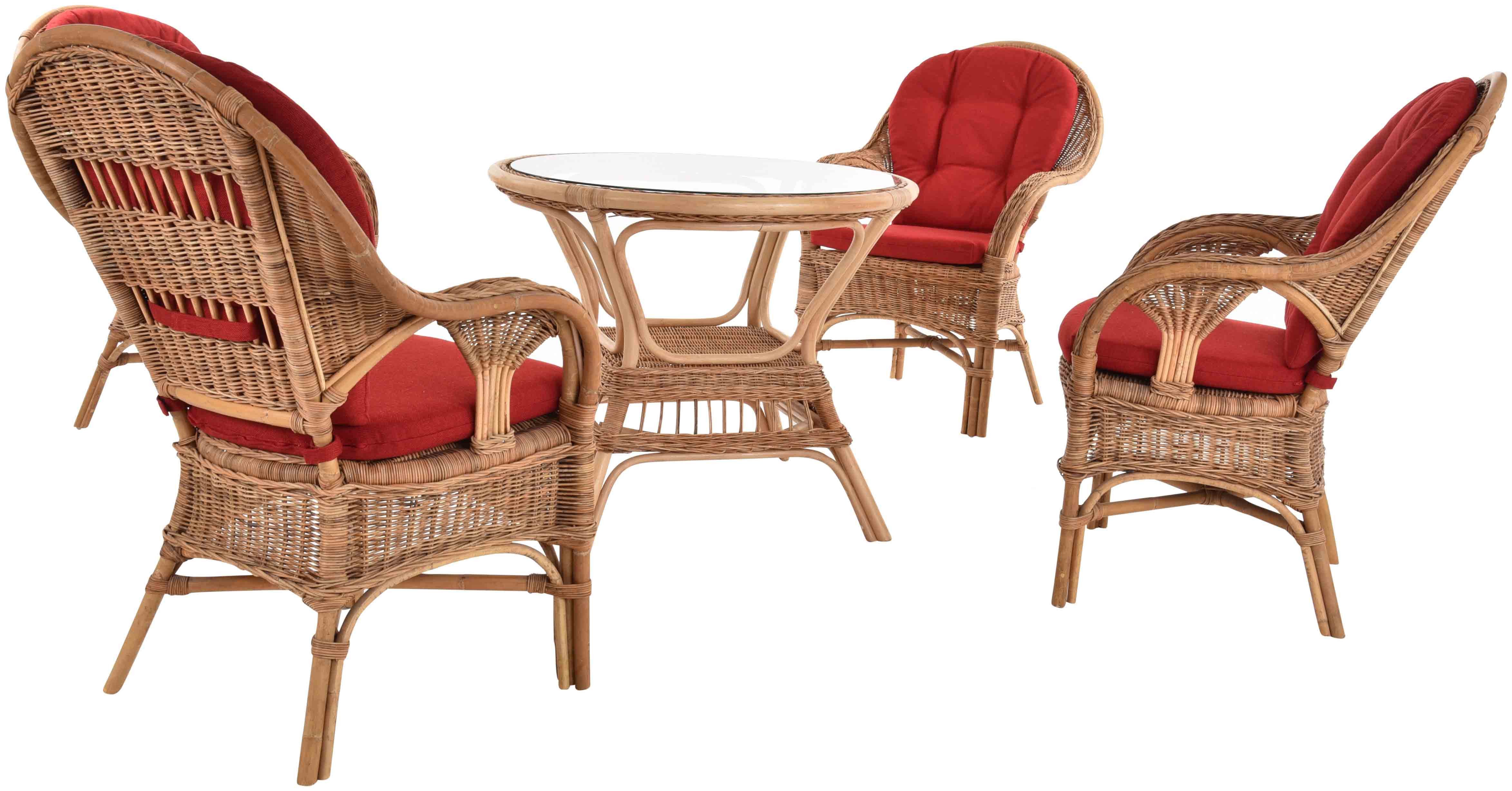 Krines Home Sitzgruppe Rattan Wintergartenset Palm Wintergarten Garnitur Natur Rattanset, (5-tlg., 4x Sessel, 1x Tisch mit Ablage unter der Glasplatte), Rattangruppe Rattanmöbel 5-teilig