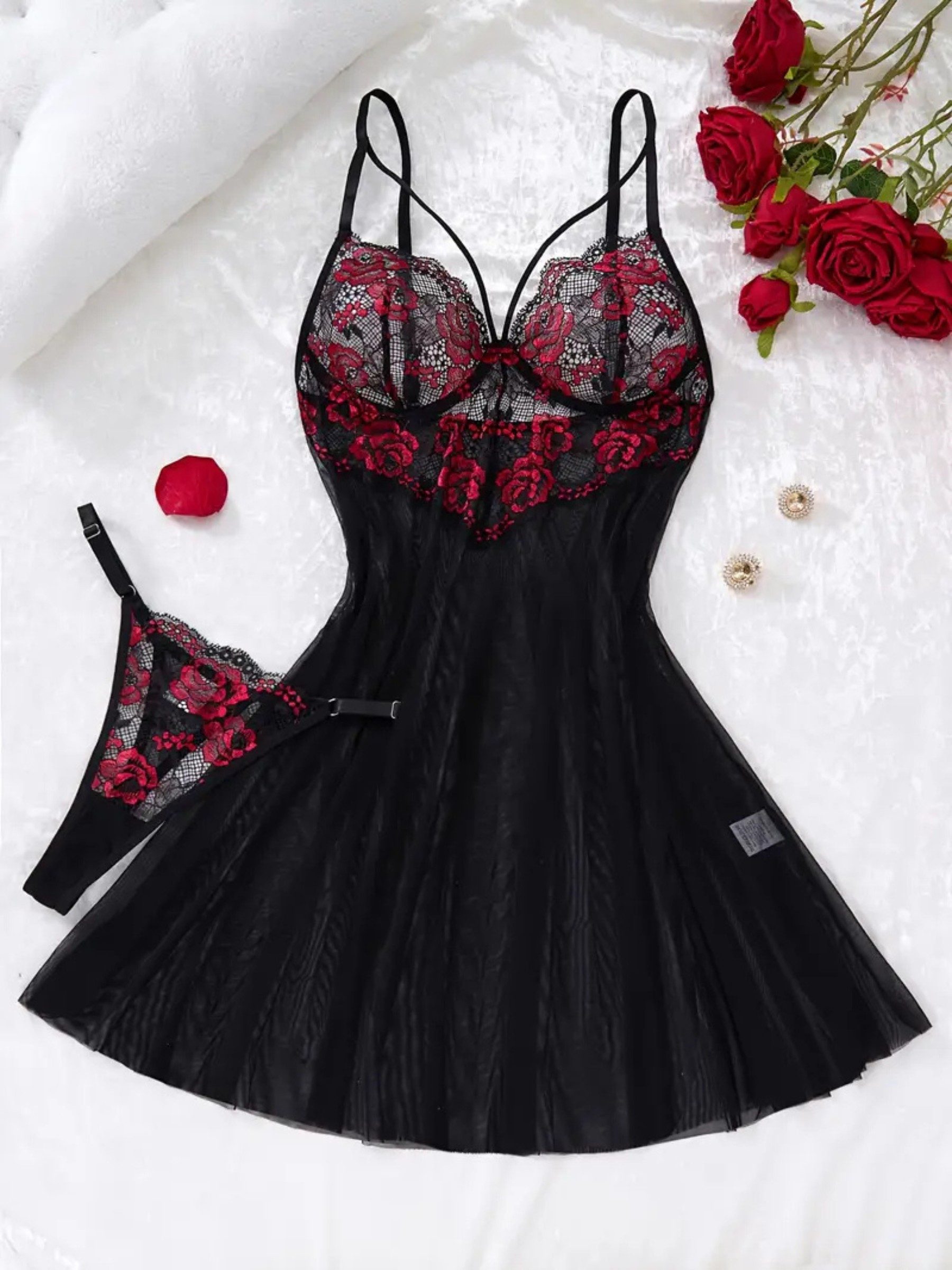 Elegant Love Negligé Spitzen-Nachtwäsche mit Rosenmuster und passendem String, Dessous-Set (Set, 2-tlg., mit Tanga) Reizwäsche für besondere Anlässe, transparentes Babydoll mit Bügelcups
