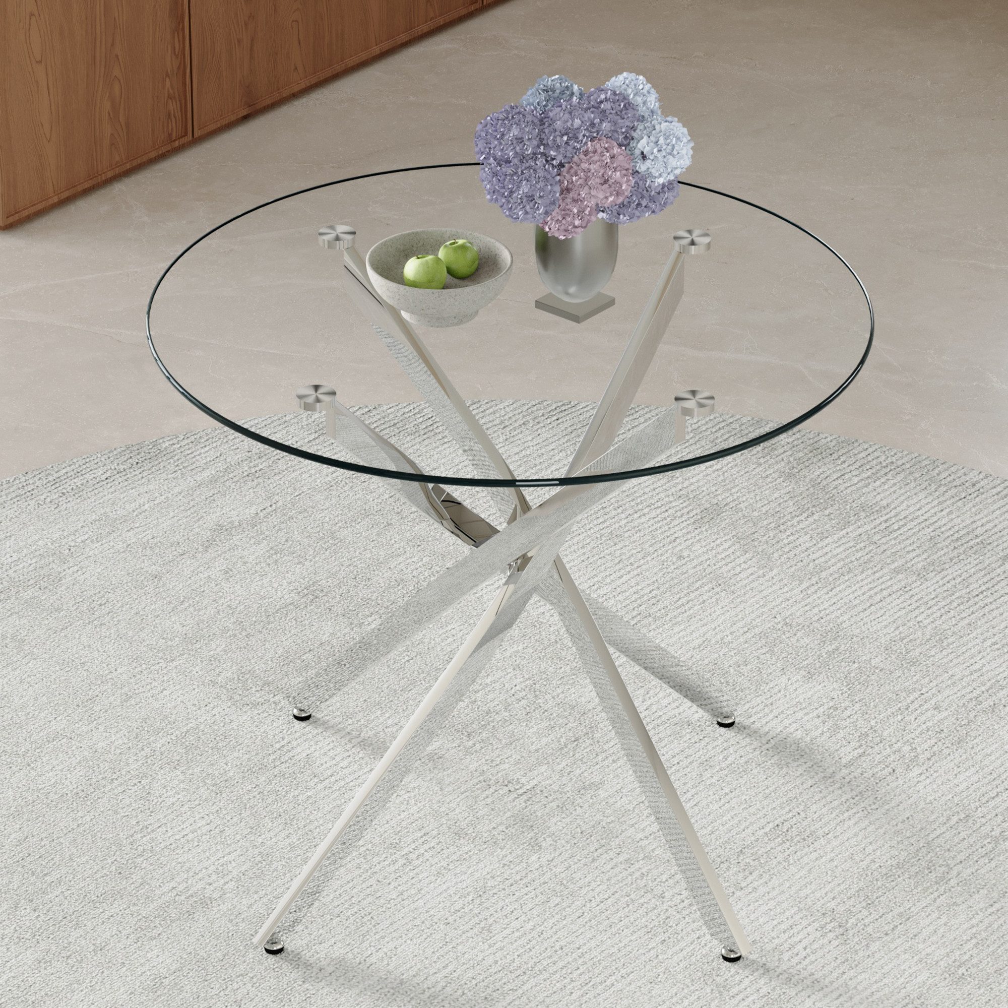 MODFU Esstisch Esszimmertisch rund 88 cm mit Glasplatte und Metallrahmen (ideal für 2–4 Personen), für Esszimmer, Küche und moderne kleine Wohnungen
