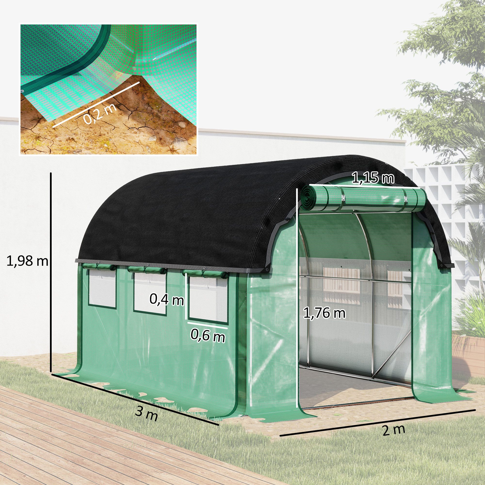 Outsunny Foliengewächshaus Folientunnel mit 6 Fenster, Rolltüren, Winterfest, Tomatenhaus, BxTxH: 300 x 200 x 198 cm, BxLxH: 200 x 300 x 198 cm, 0.5 mm Wandstär – Bild 3 von 5