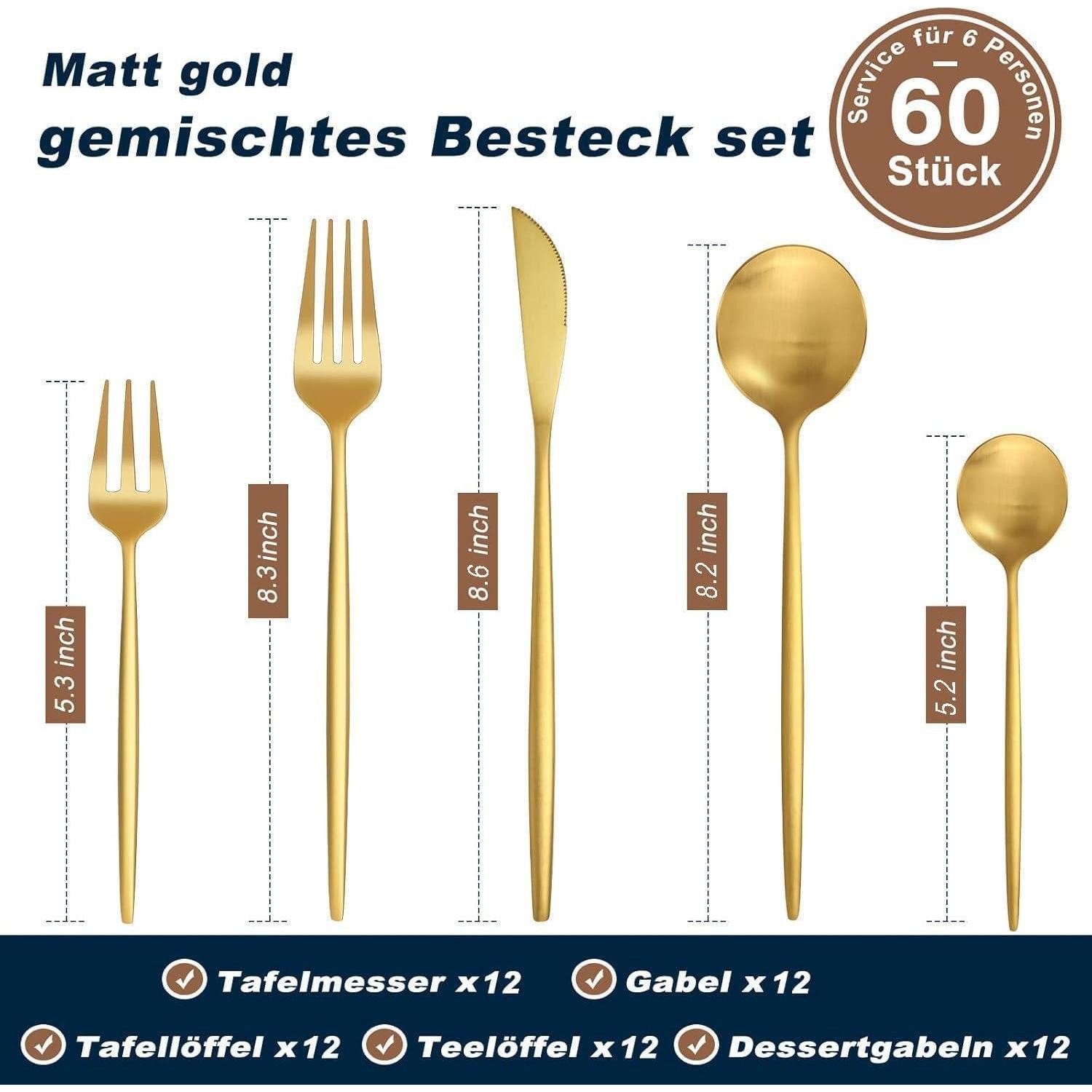 LuxusKollektion Kochbesteck-Set Besteckset 12 Personen Edelstahl Gold 60 teilig 60 Teilig gold