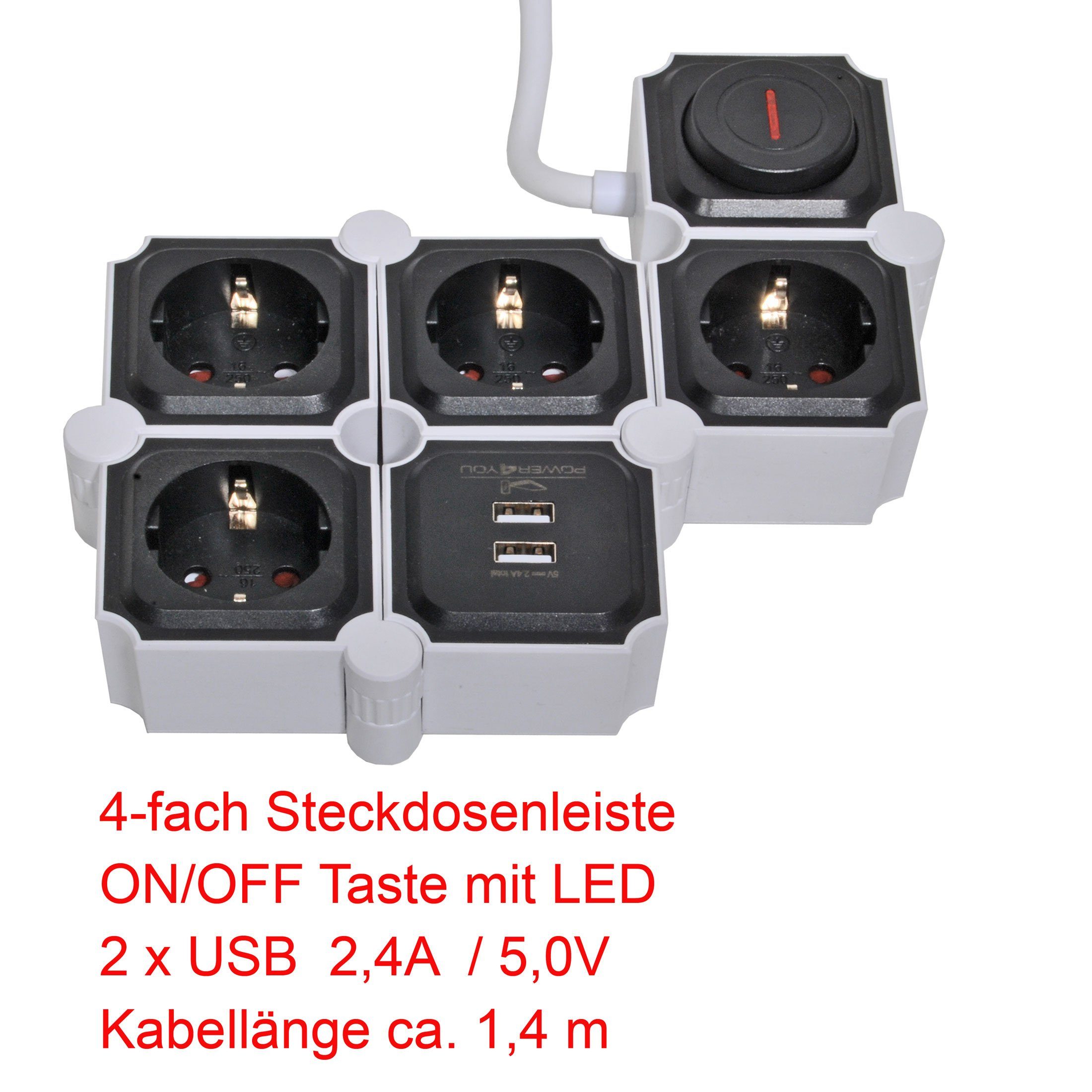 2 schwarz USB Steckdosenleiste x 2 Einsatz, Ein- (4,2A) (Ein- 12w kabel), Mehrfachstecker inkl. Schwaiger Ausschalter, separate Schalter Mehrfachsteckdose 4-fach 1,5M USB-Anschlüsse, / USB x Flexible Ausschalter, Schalterbeleuchtung, /