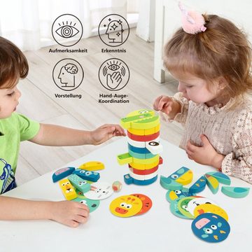 Tooky Toy Lernspielzeug Wackelturm Holz Wildtiere (Set, 61-St., Stapelturm Pädagogisches Kinderspielzeug), Stapelspielzeug Holzspielzeug Brettspiele für Mädchen Jungen ab 3 Jahr