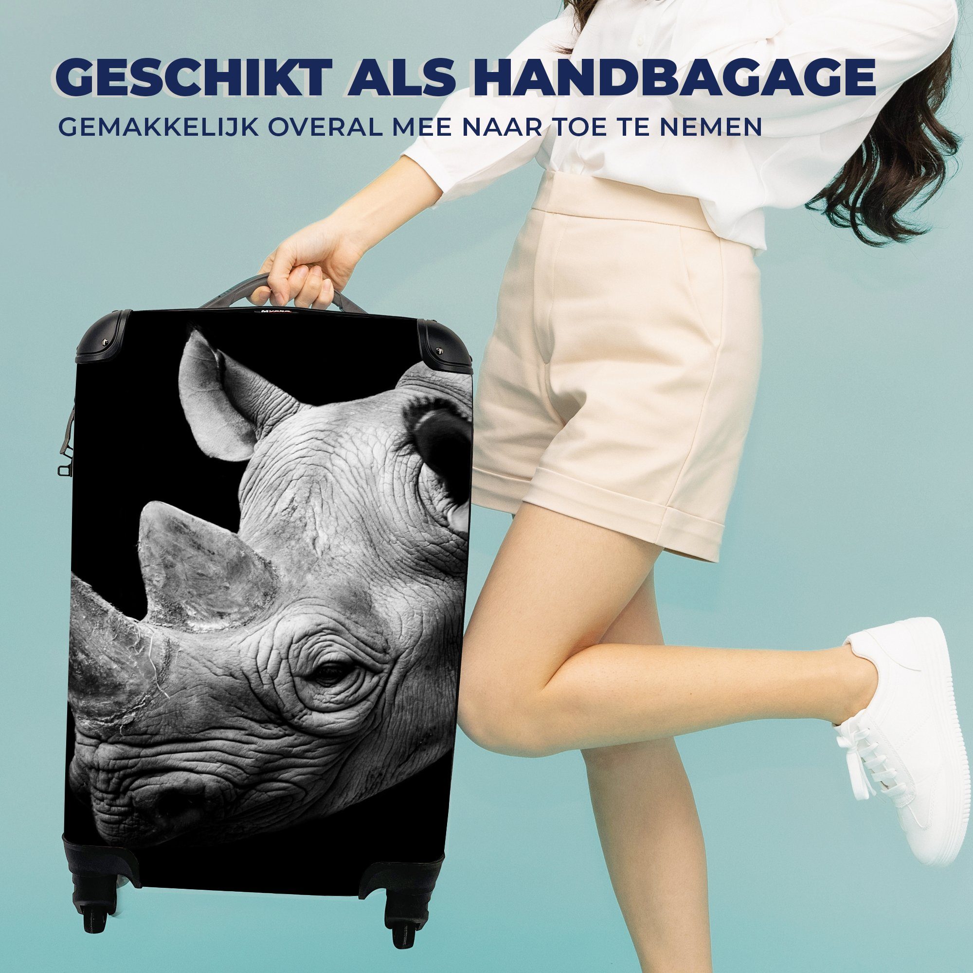 MuchoWow Handgepäckkoffer Schwarz Reisetasche - Ferien, 4 Reisekoffer Tiere Porträt, Weiß Handgepäck Rollen, mit für rollen, - Trolley, - - Nashorn