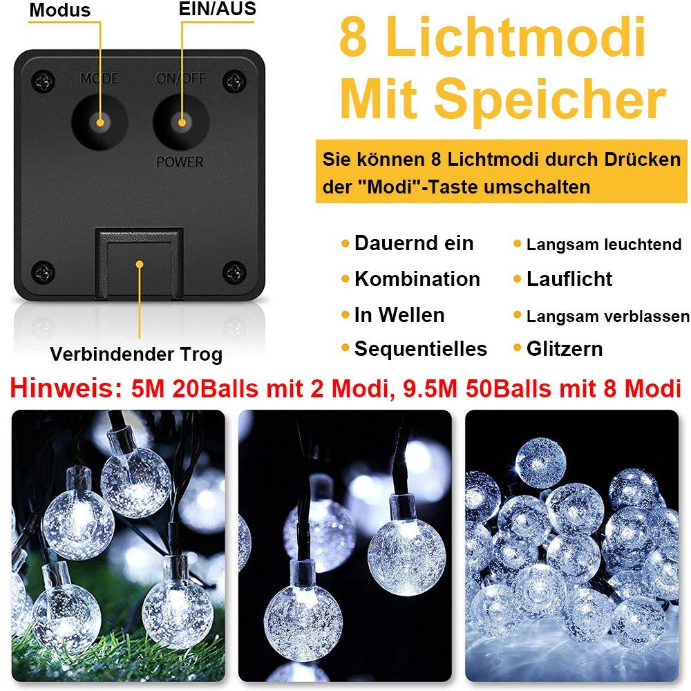 MUPOO LED-Lichterkette LED-Solarleuchten 5M 20LEDs/ Garten Patio Modi, Party 50LEDs Festliche Außen-lichterkette Wasserdicht,3 Weiß 9.5M Farben,für 2/8 Dekor