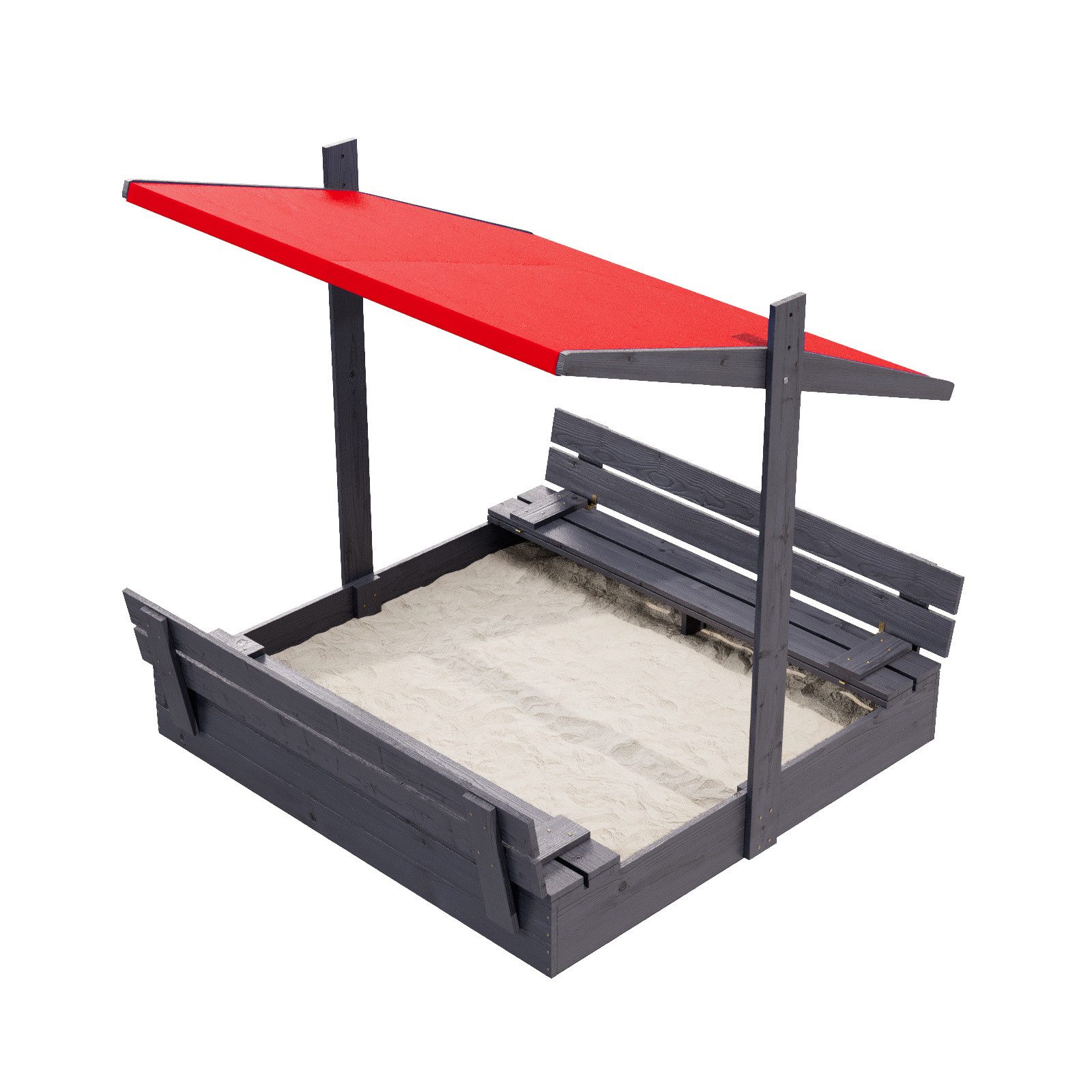QLS Sandkasten aus Holz 120 cm mit Sitzbank und Dach, ind Anthrazit Farbe imprägniert 122 x 118 cm