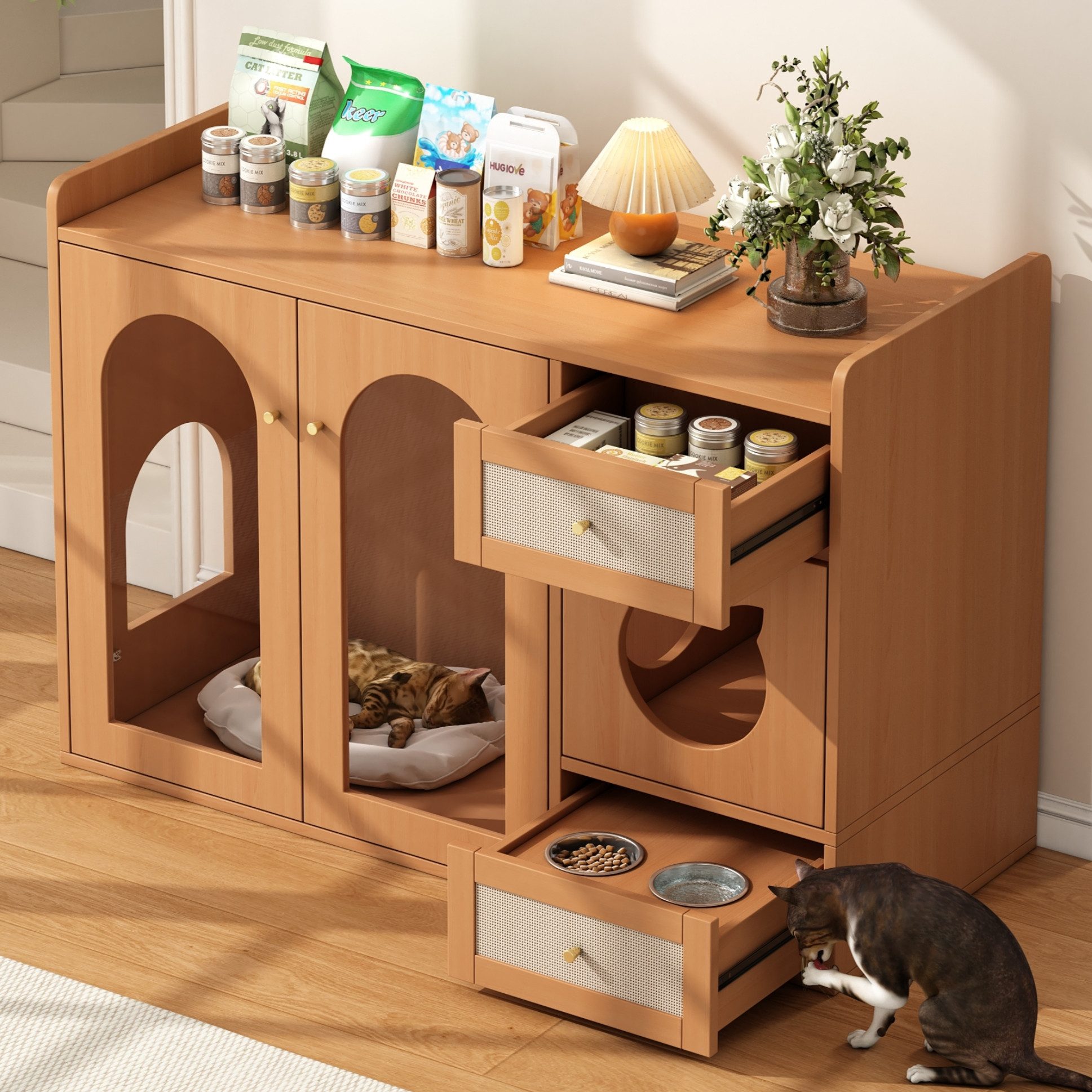 Flieks Tierhaus Katzenhaus Katzenkloschrank mit 2 Futternäpfe aus Edelstahl, Katzenhaus Katzenhöhle Holzschrank mit Schubladen und Glastüren