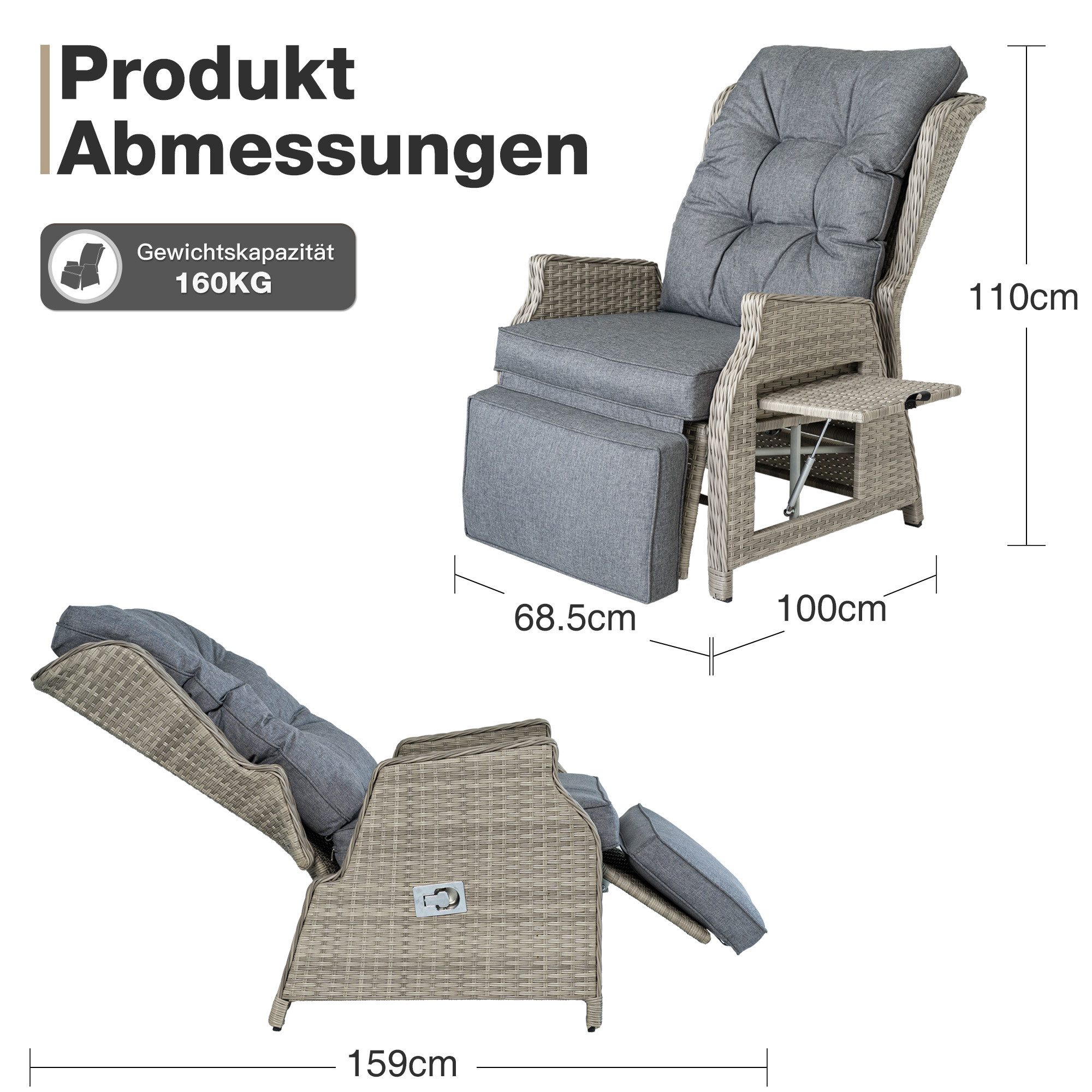 HOMECALL Rattanstuhl Gartensessel Indoor Verstellbar Liegestuhl Gartenliege balkonliege (Wetterfester Rahmen, klappbarem Beistelltisch und Fußstütze, 2 St), COM – Bild 4 von 5