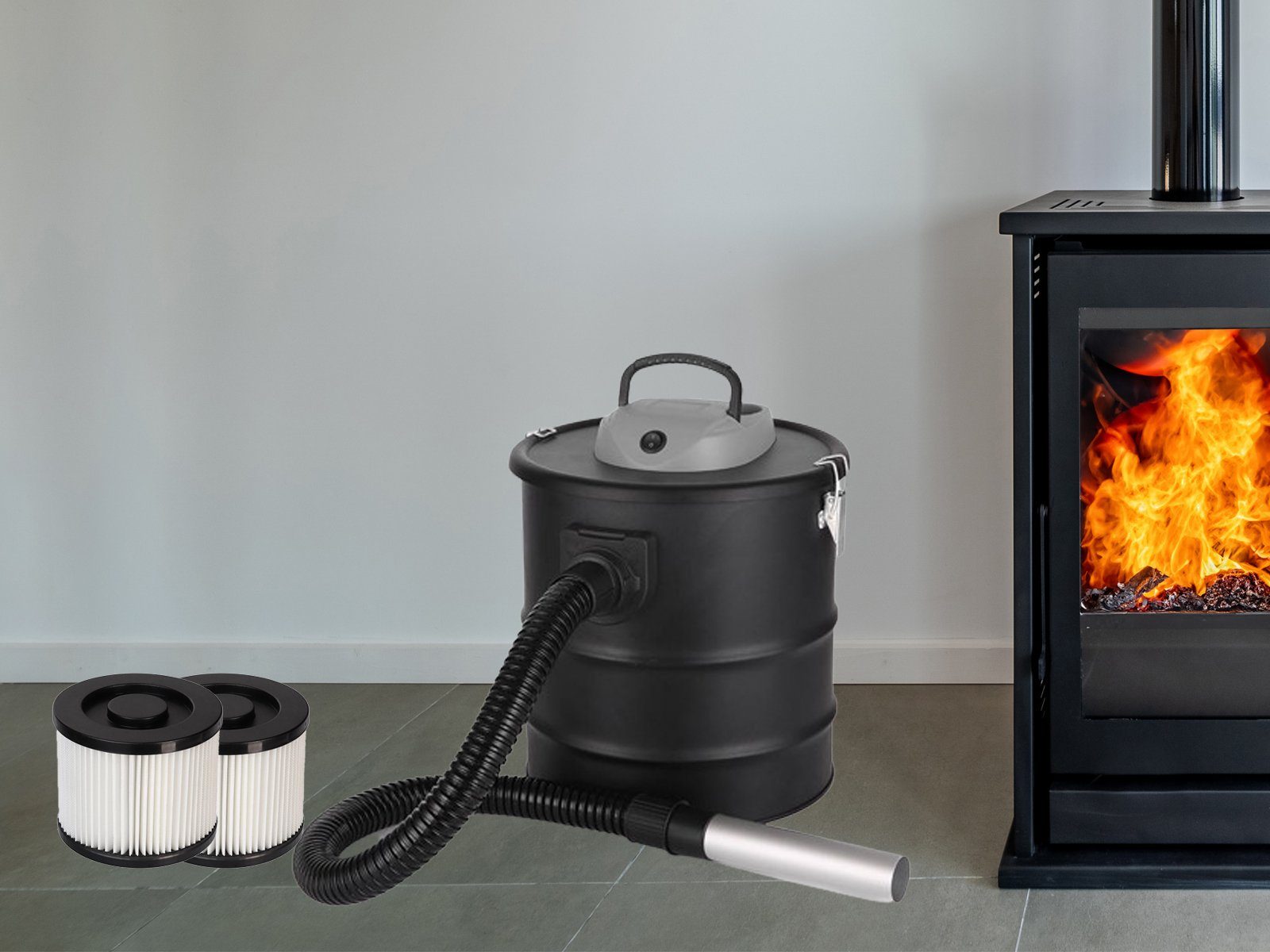 PEREL Aschesauger, 1200 W, Edelstahl, für Kamin-Sauger Asche-Staubsauger ohne Beutel inklusive 2 Hepa Filter