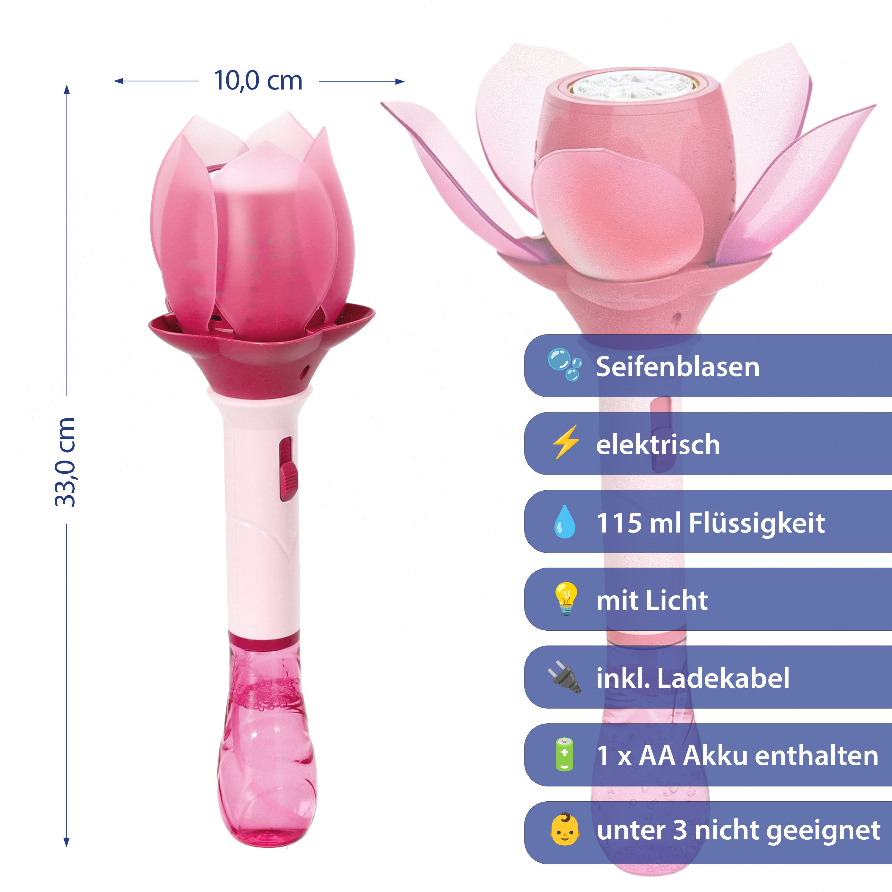 CEPEWA Seifenblasenstab Seifenblasen Lotusblume pink 10x33cm 115ml elektrisch Seifenblasenstab