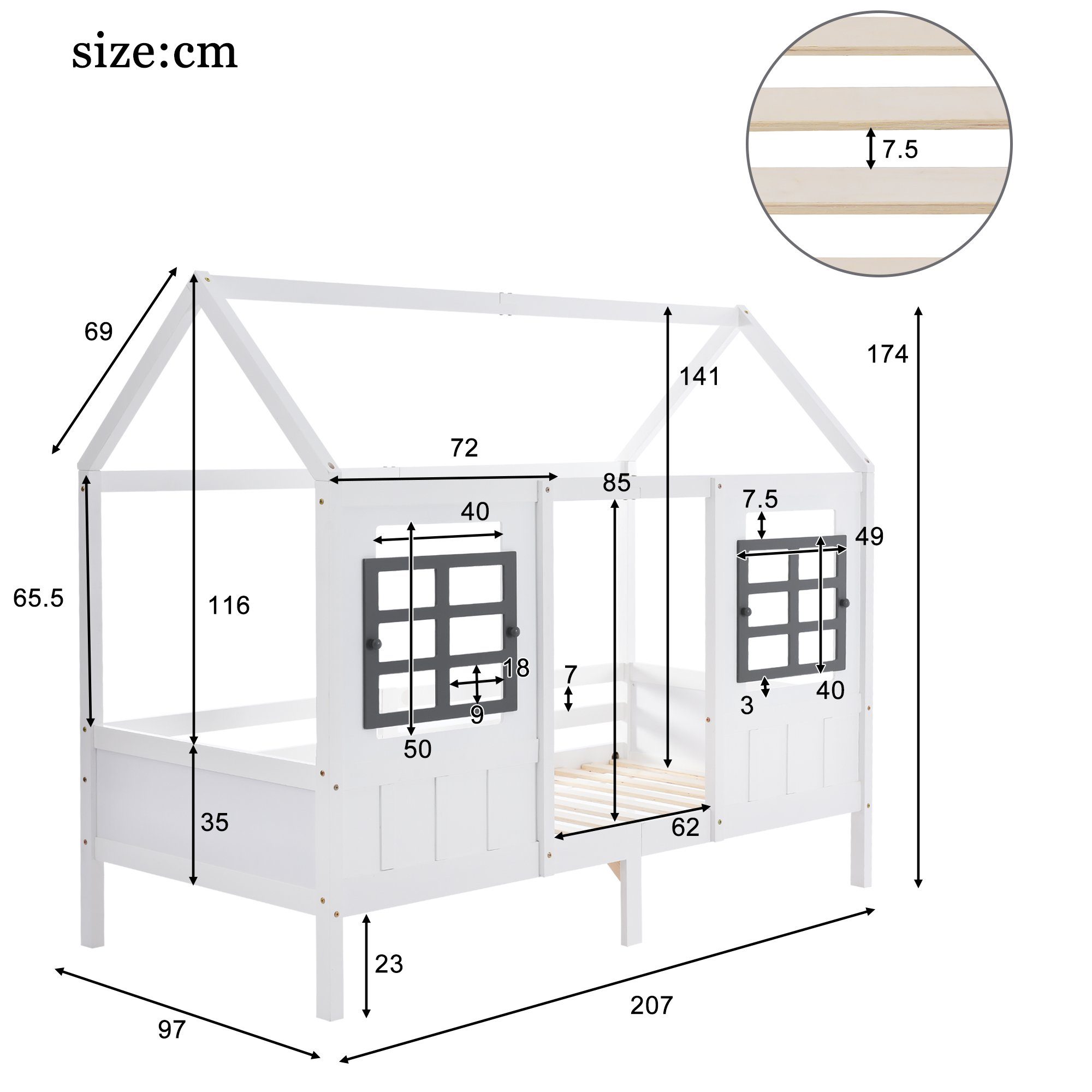 Einzelbett Matratze weiß 200x90cm Kinderbett Hausbett, ohne Kiefer Flieks