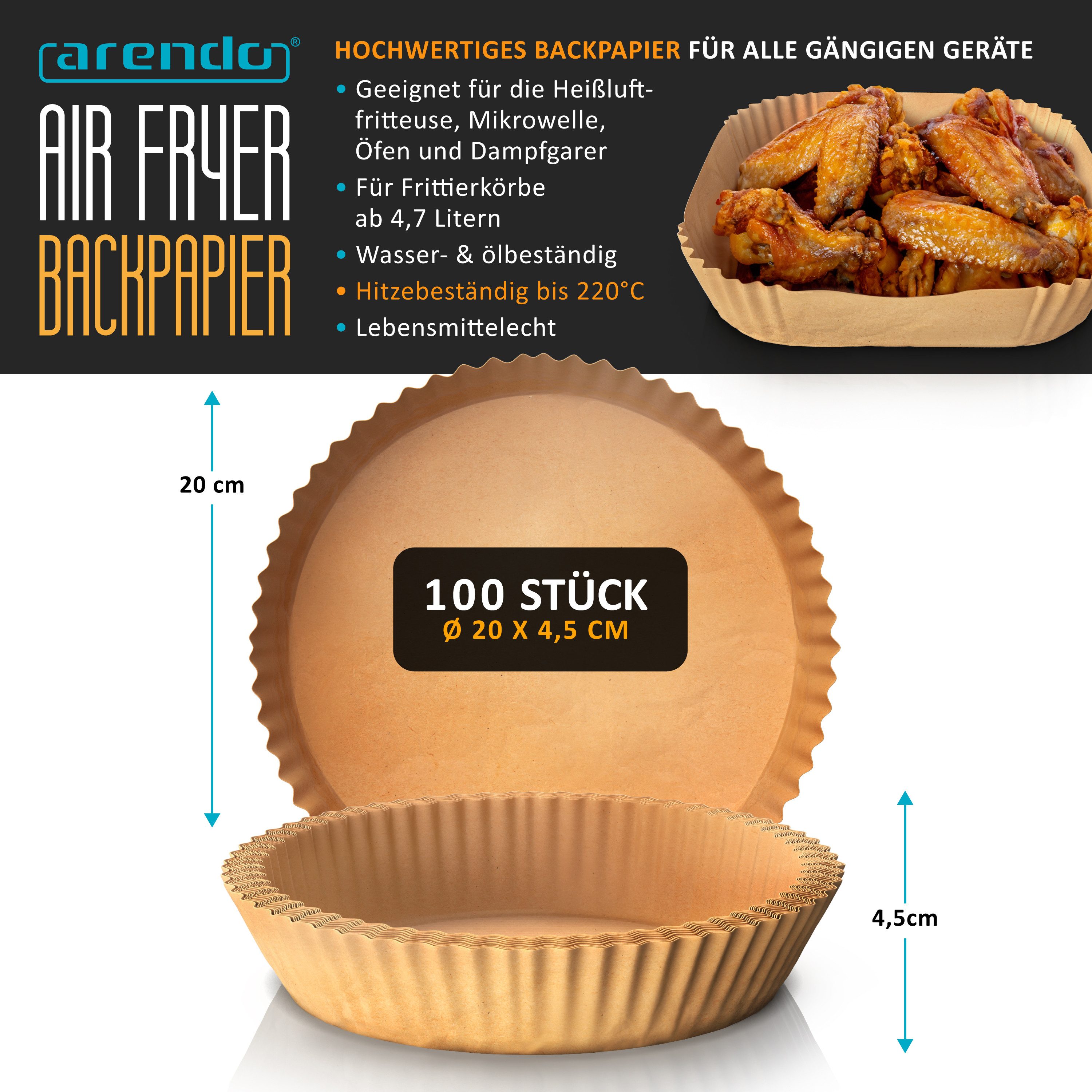 Arendo Backpapier rund für Heißluftfritteuse 4,7 - 7,5 L, 100 St., 20 x 4,5 cm, Antihaft, ungebleicht, wasser & ölbeständig, Airfryer Zubehör, Ofen, Mikrowelle