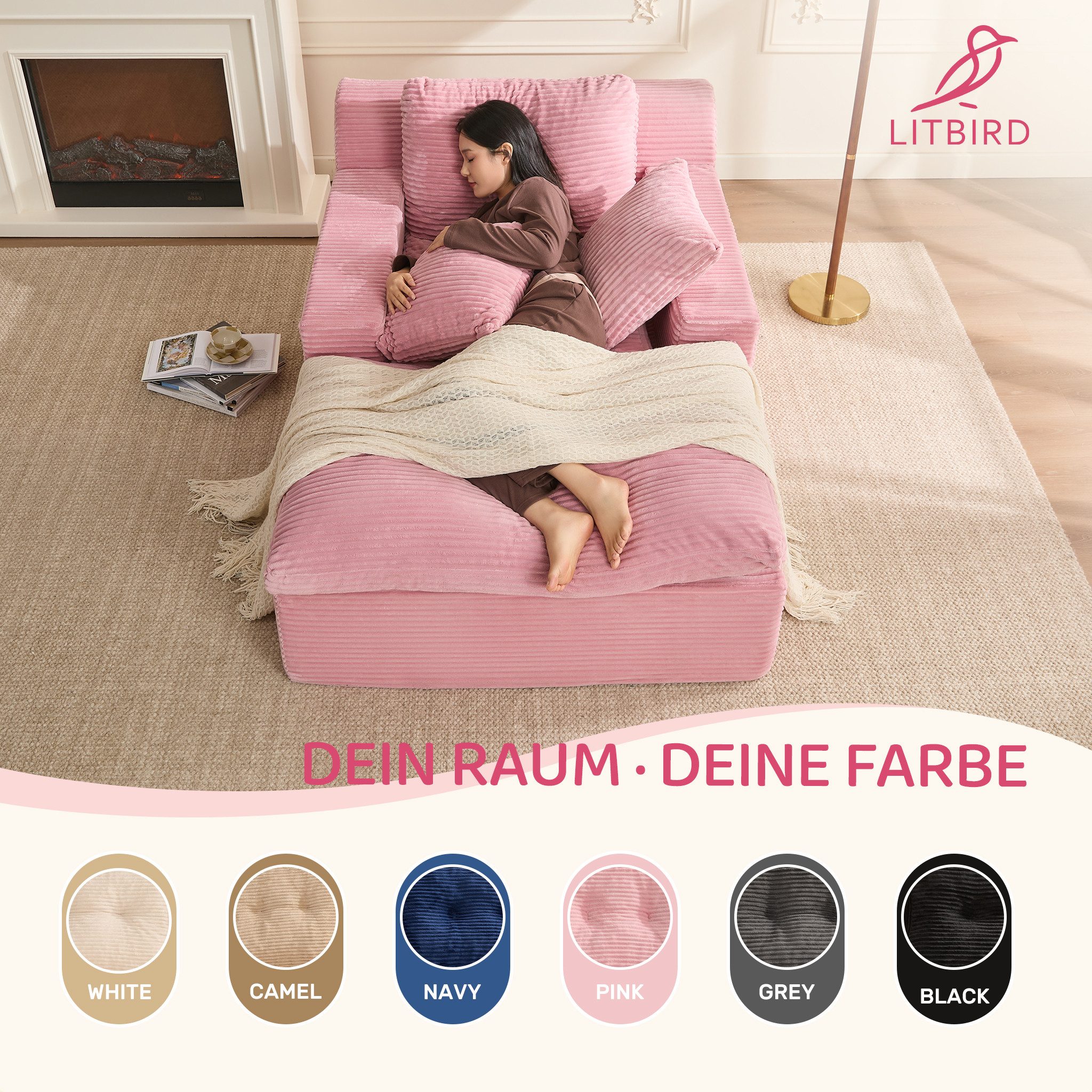 LITBIRD Chaiselongue 160 cm Loungesofa, Boneless Bodensofa & Schlafsofa mit Schlaffunktion, 1 Teile, Platzsparendes Cloud Sofa mit Armlehnen für Wohnzimmer