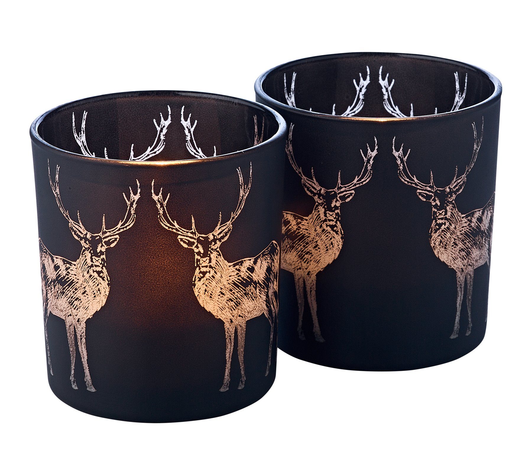 EDZARD Windlicht Tiu 8 cm Teelichtglas im Ø cm, 7 Kerzenglas-Set zeitlosen Design, Teelichter in Hirsch-Motiv mit (2er-Set), für Gold-Optik, Höhe