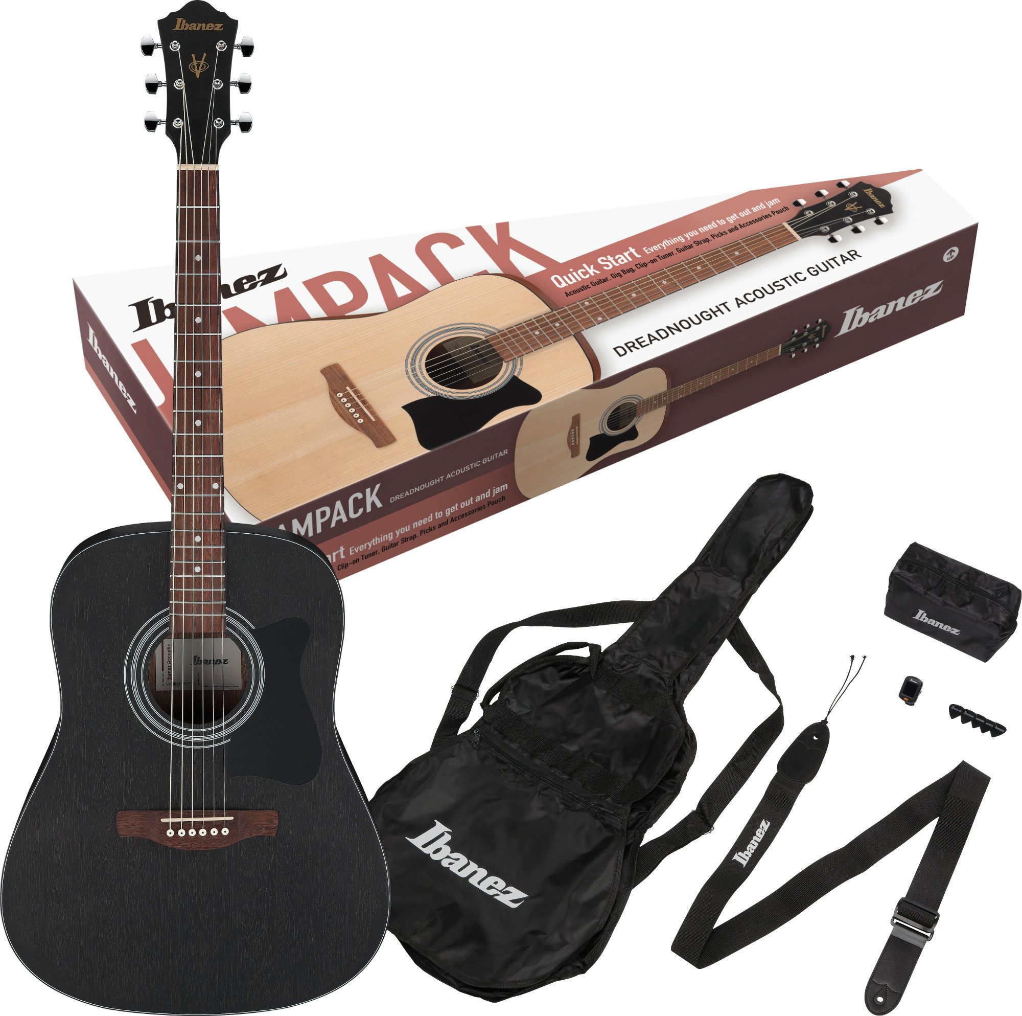 Ibanez Westerngitarre Ibanez V54NJP-WK Jampack Weathered Black Open Pore, Dreadnought, Komplett-Set