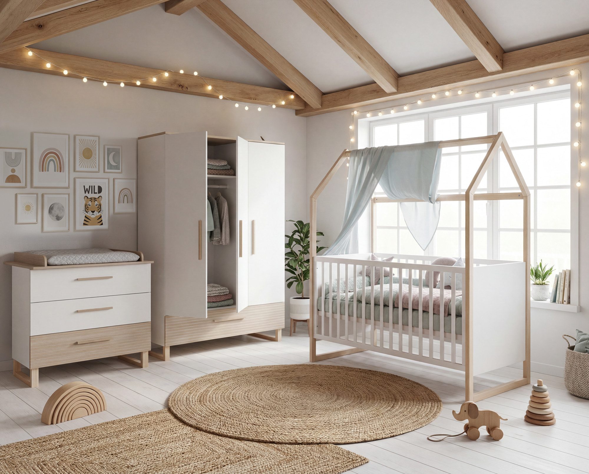 roba® Babyzimmer-Komplettset Noah - Kinderzimmer in modernem Design mit Füßen aus Massivholz, (3-teiliges Set, Babybett in Hausoptik, Wickelkommode & Kleiderschrank), Mit Fräsungen in Wallnuss - Front in sanftem Weiß - Mitwachsend