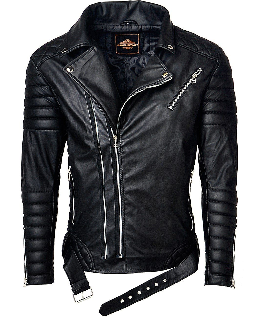 Lederjacke Herren Slim Fit Kunstleder Jacke Silver Zipper RS001PU Black XXXL