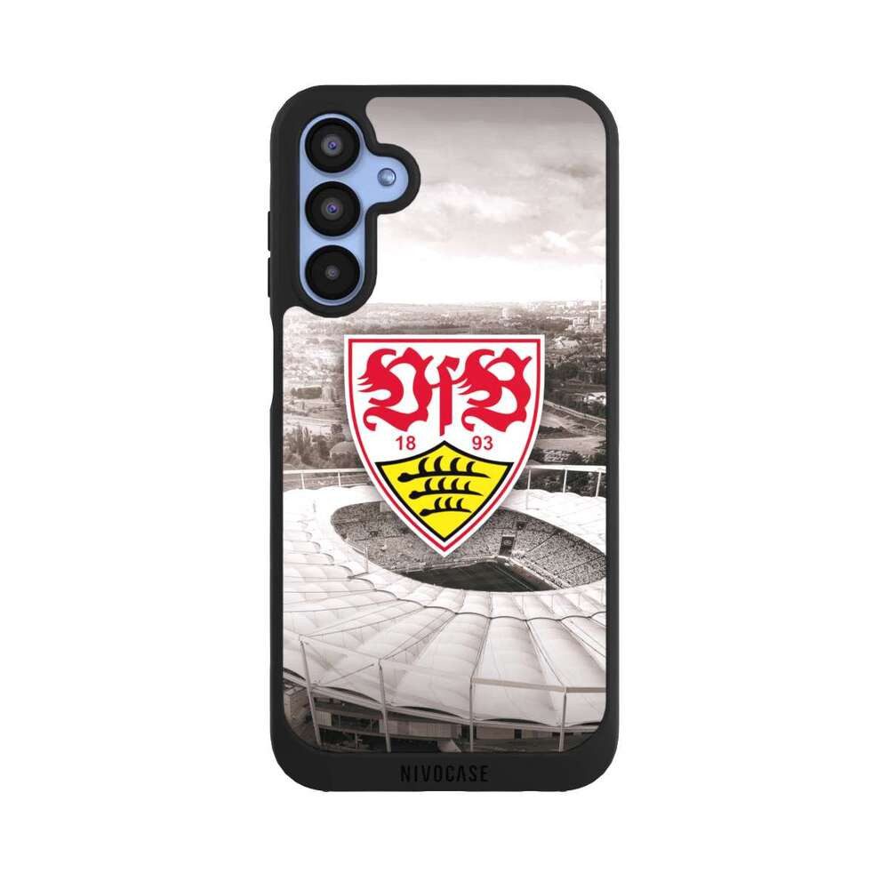 NIVOCASE Handyhülle VfB Stuttgart Offizielles Lizenzprodukt Stadion VfB Stadion Grau, Samsung Galaxy A15 5G Handyhülle Hülle NIVOpure Case Schwarz