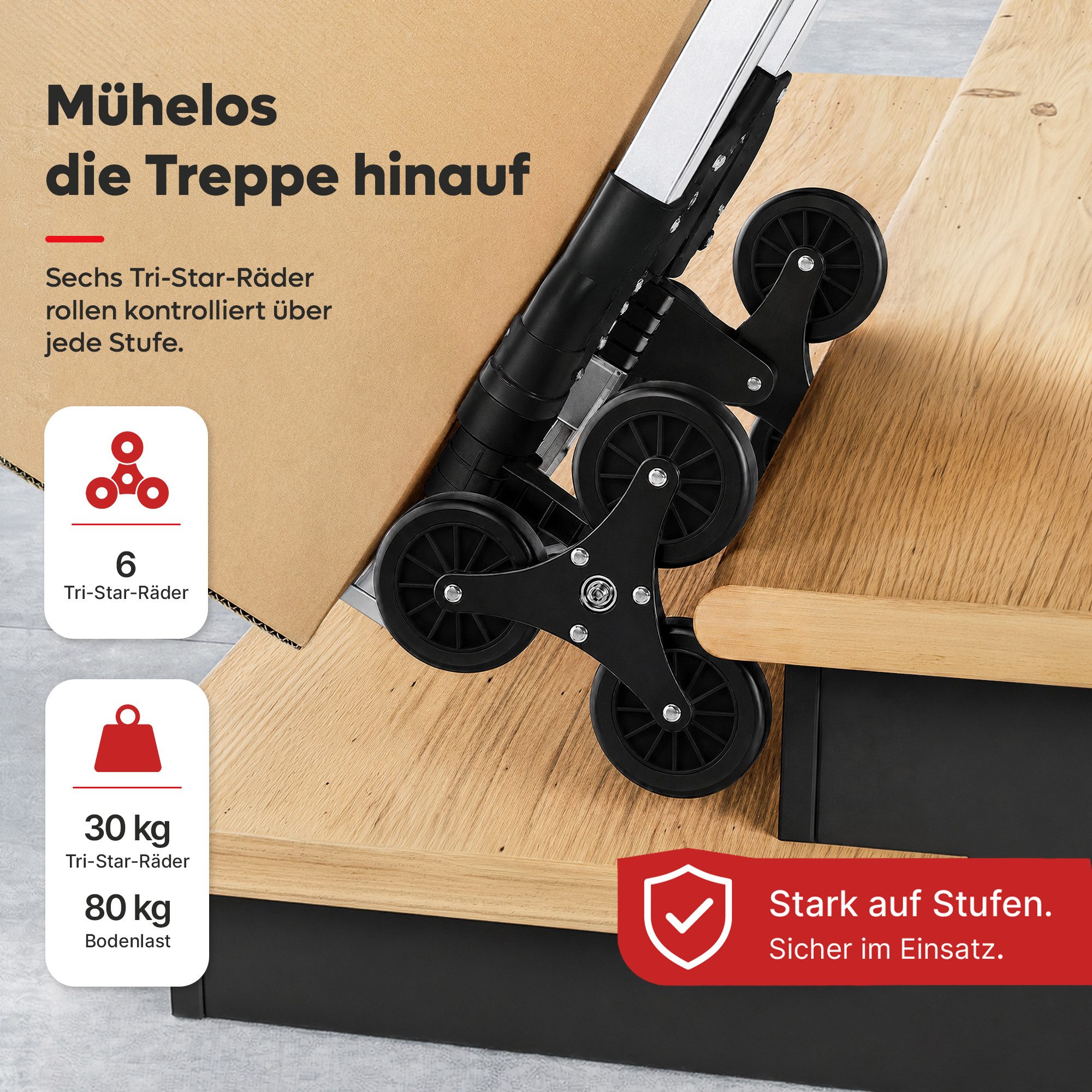 Allyson Treppensackkarre Sackkarre Treppensteiger, Transportwagen Sackkarre klappbar, (2x Elastische Spanngurte, 1 Paar Arbeitshandschuhe), Treppenkarre: 80kg Tragkraft, faltbar, inkl. Spanngurten & Handschuhen