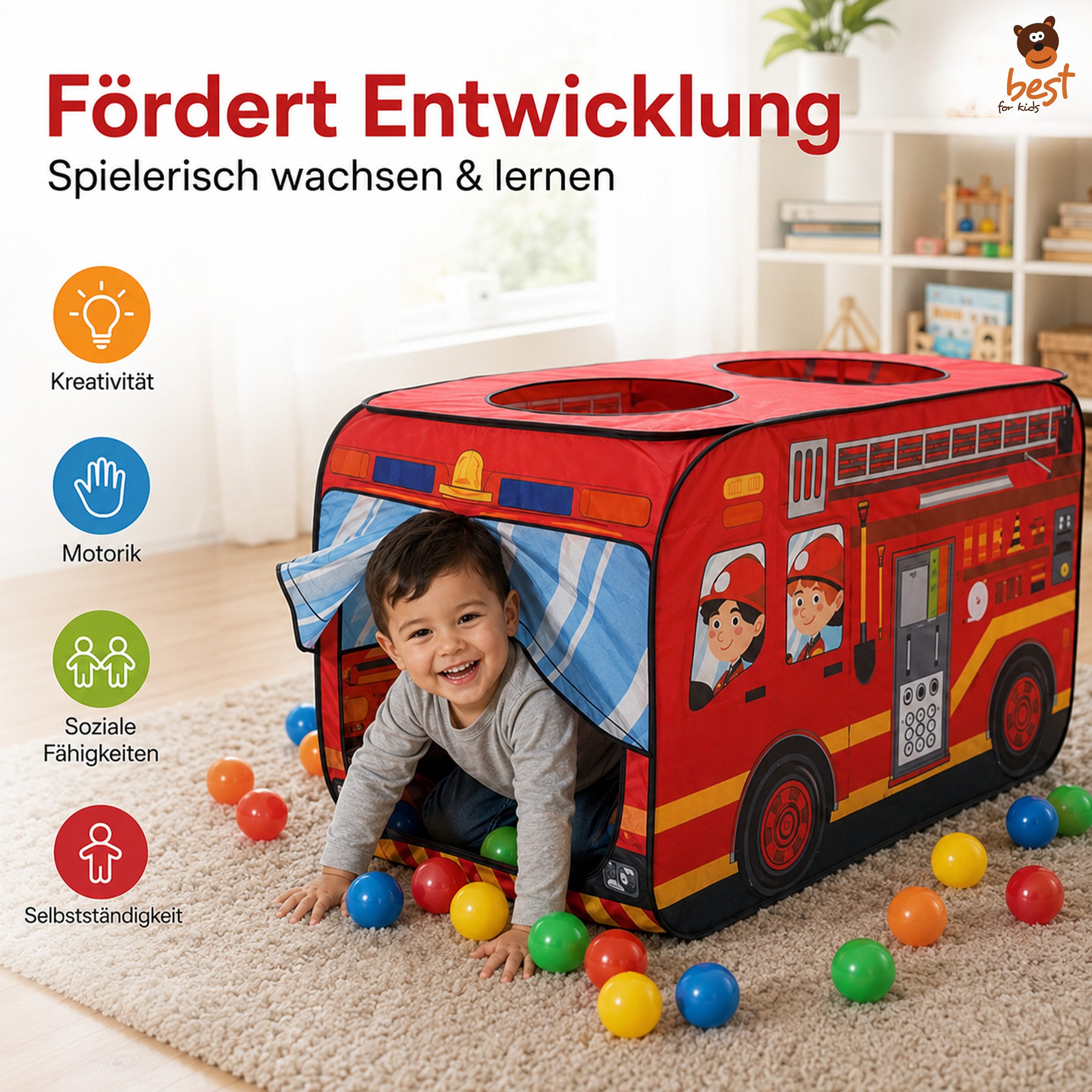 Best for Kids Spielzelt Fire Truck Pop-Up Play Tent with 50 Balls – Indoor & Outdoor (Spielzelt-Set, 51-tlg., Spielzelt inkl. 50 Bälle) Pop-Up Funktion, schnell aufbaubar, Indoor & Outdoor geeignet