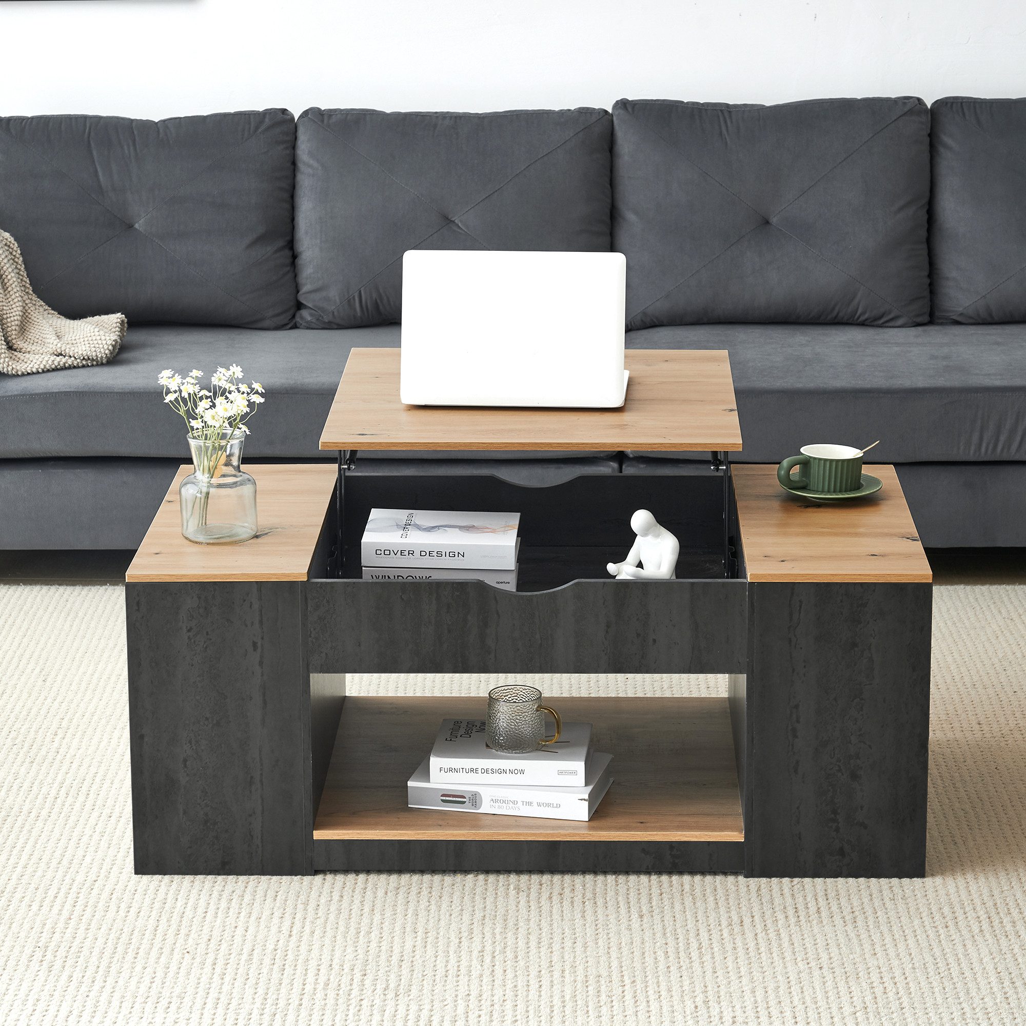 GLP Couchtisch mit Liftfunktion, 109,5 cm Wohnzimmertisch in Grau-Braun (Anhebbare Tischplatte, 3 Staufächer und 1 offenes Ablagefach), für Sofa, Sitzecke oder kleine Wohnräume
