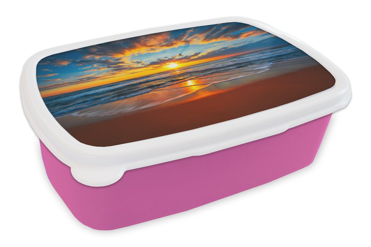 MuchoWow Lunchbox Meer - Sonnenuntergang - Strand - Wolken - Orange, Kunststoff, (2-tlg), Brotbox für Erwachsene, Brotdose Kinder, Snackbox, Mädchen, Kunststoff rosa