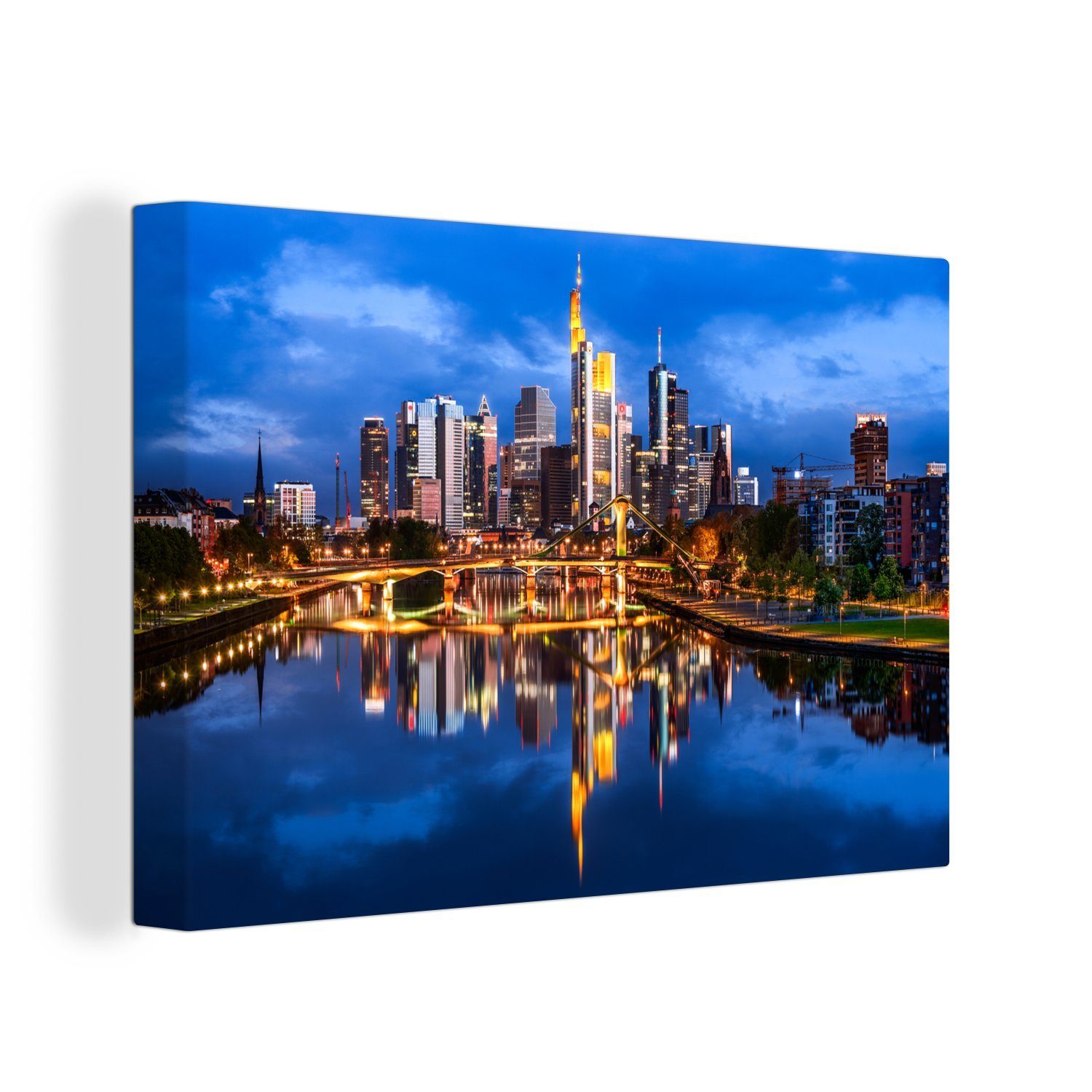 OneMillionCanvasses® Leinwandbild Skyline von Frankfurt am Main in Deutschland am Abend, (1 St), Wandbild Leinwandbilder, Aufhängefertig, Wanddeko, 30x20 cm | Leinwandbilder