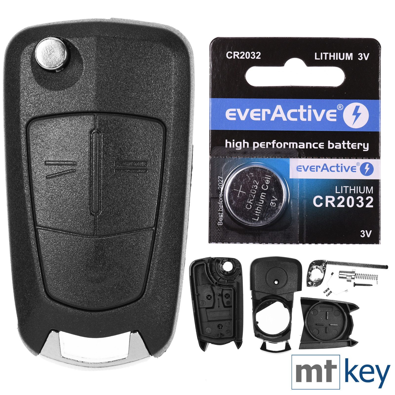 mt-key 2 Tasten Auto Klappschlüssel Funk Fernbedienung + 1x passende CR2032 Knopfzelle, CR2032 (3 V), für CORSA D ANTARA ZAFIRA B ASTRA H TIGRA
