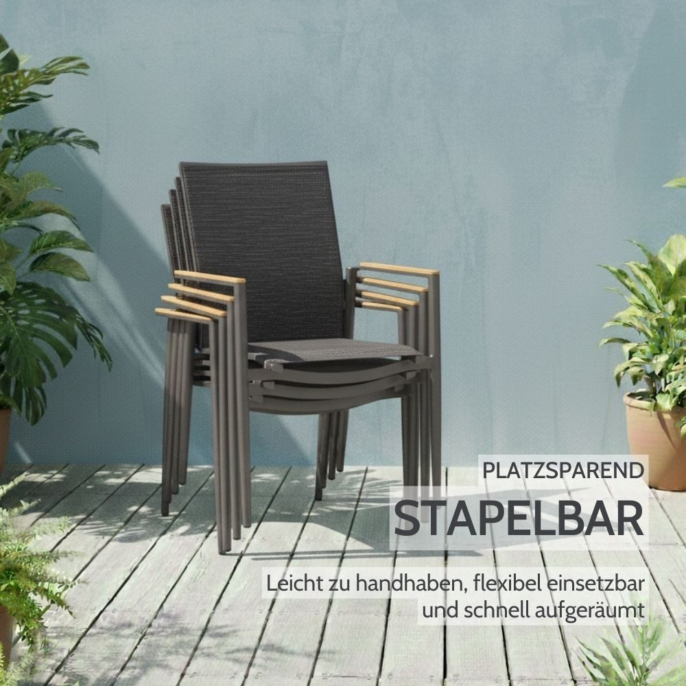 Liadomo Gartenstuhl Mannoli Gartensessel, Stapelstuhl, Outdoor-Stuhl für Terrasse & Balkon (Gartenstuhl-Set, stapelbar, 2 St), Armlehnen Teak, Textilgewebe, Alu anthrazit