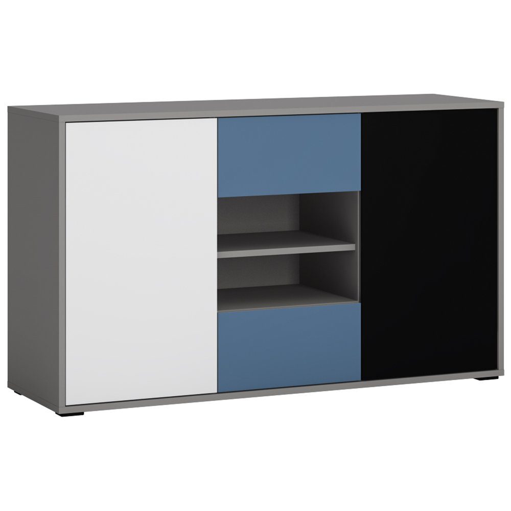 Lomadox Kommode LIIVA-129, Grau Platin, Perlschwarz, Alpinweiß, Himmelblau, 3 Schubkästen