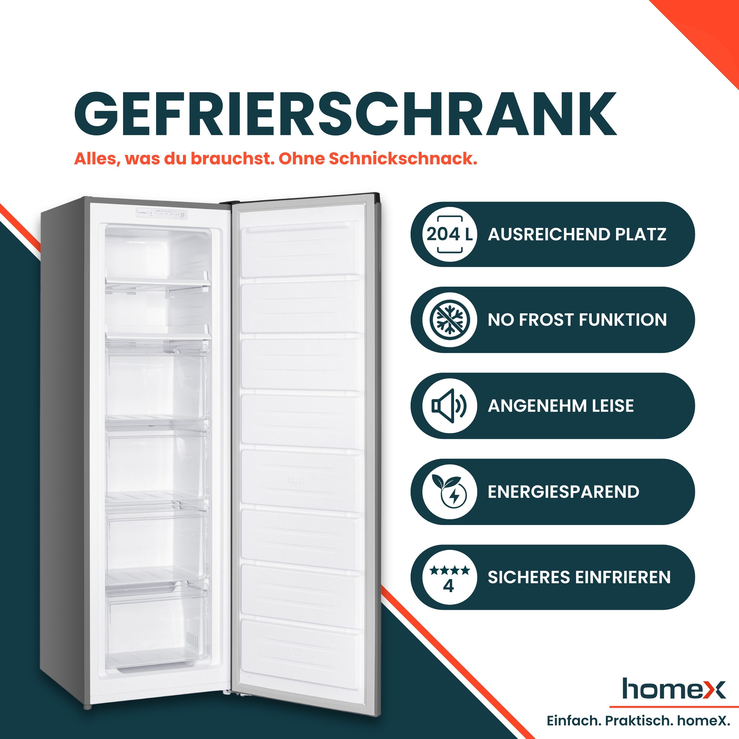 homeX Gefrierschrank FSN2041E-S, 170.5 cm hoch, 54 cm breit, No Frost, 204 Liter, Tiefkühlschrank groß, Freezer, 4-Sterne Gefrieren