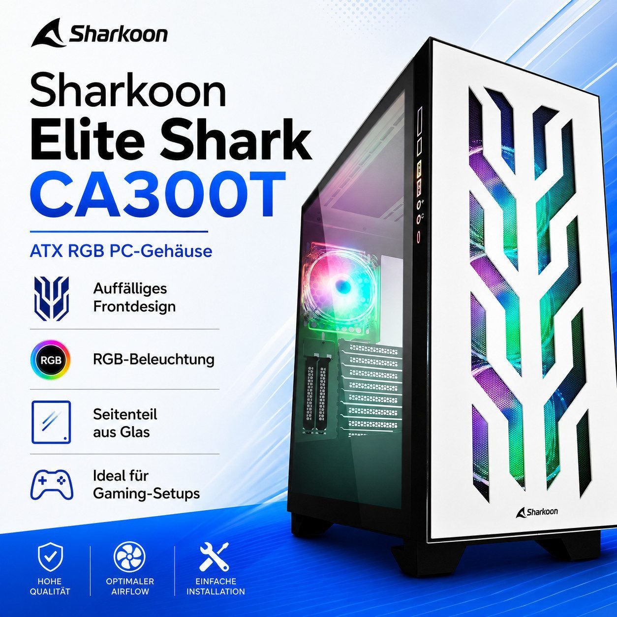 Sharkoon PC-Gehäuse ELITE SHARK Gaming PC Gehäuse Computer Tower CA300T ATX RGB, Computergehäuse Micro PC Computer Tower Tempered Glass USB-C