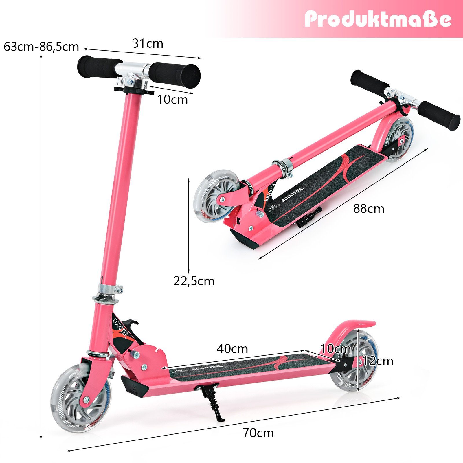 COSTWAY Scooter Kinder Cityroller, Aluminium, höhenverstellbar, klappbar, mit 2 LED Räder
