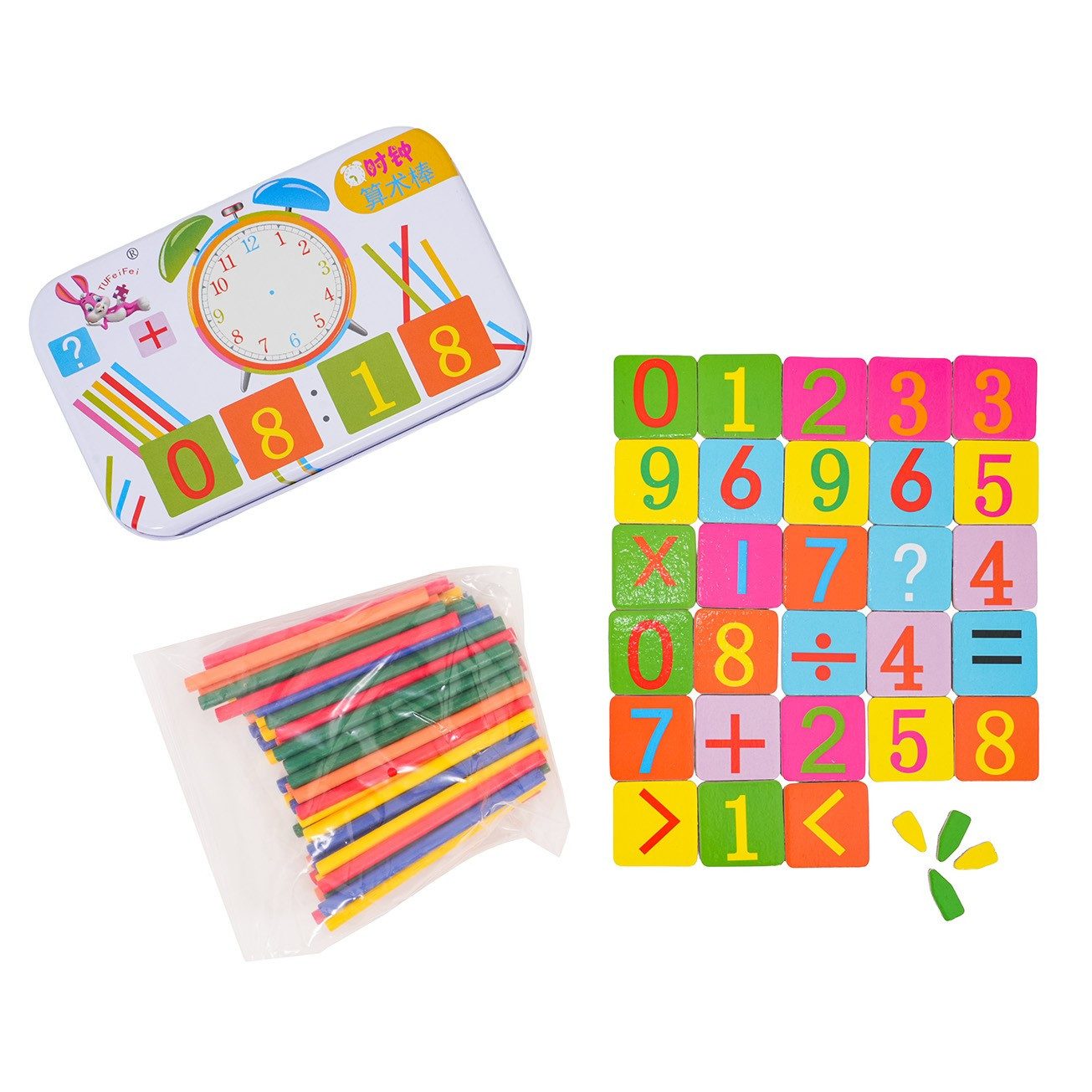 Ramiz Lernspielzeug Uhrzeitlernset Rechenstäbchen Magnetbox (Spar-Set, 1-St., 13 x 8 x 3 cm magnetisch), magnetisch, Metallbox, Uhrzeit & Rechnen, ab 3 Jahren