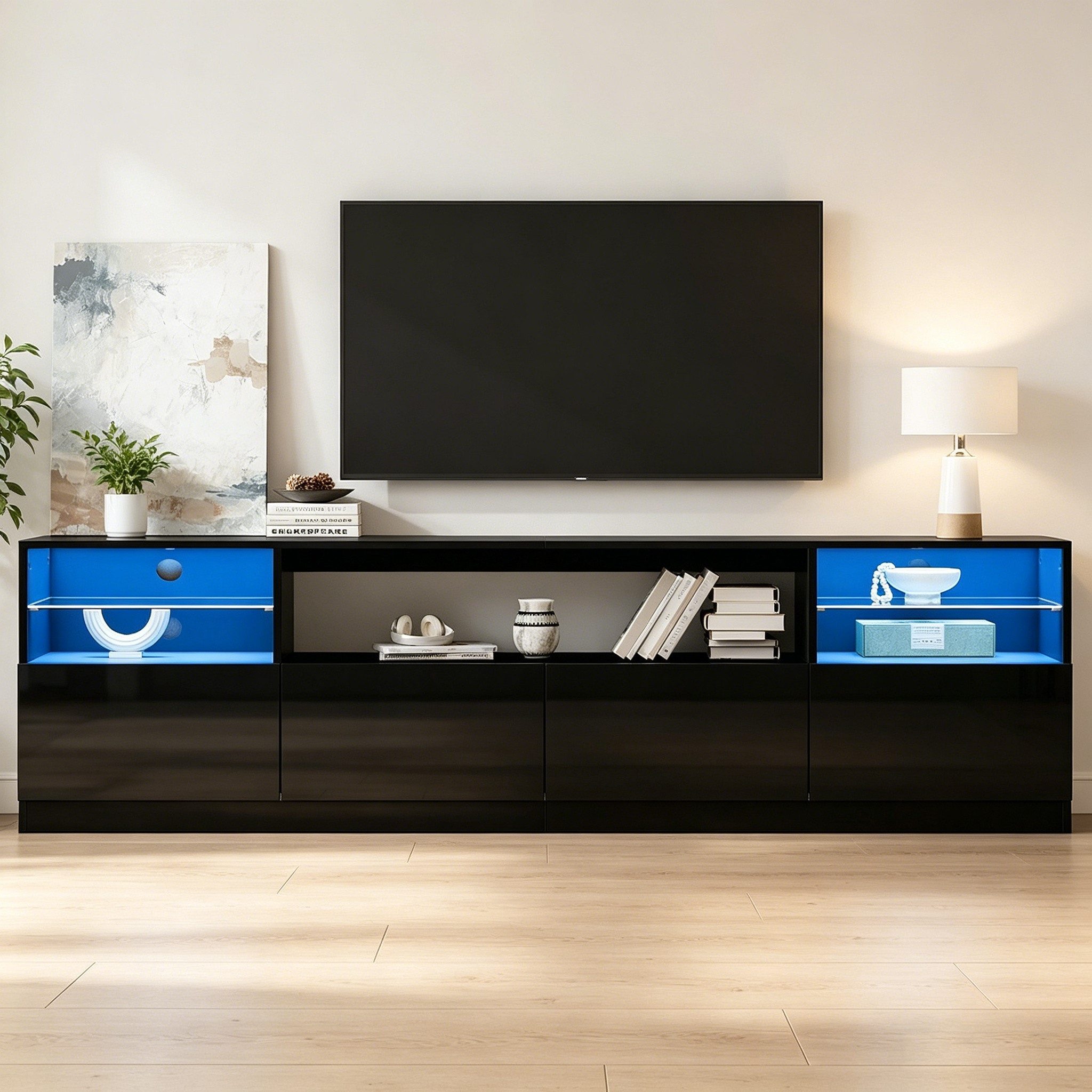 STILVORA Lowboard Hochglanz-TV-Schrank mit LED-Beleuchtung für Fernseher bis zu 75 Zoll (4 Türen, LED-Licht, Flügeltüren, Glasböden, Hochglanz, 180×35×60cm, Spanplatte, gehärtetes Glas, stabil, pflegeleicht), für Wohnzimmer, Esszimmer und moderne Entertainment-Bereiche