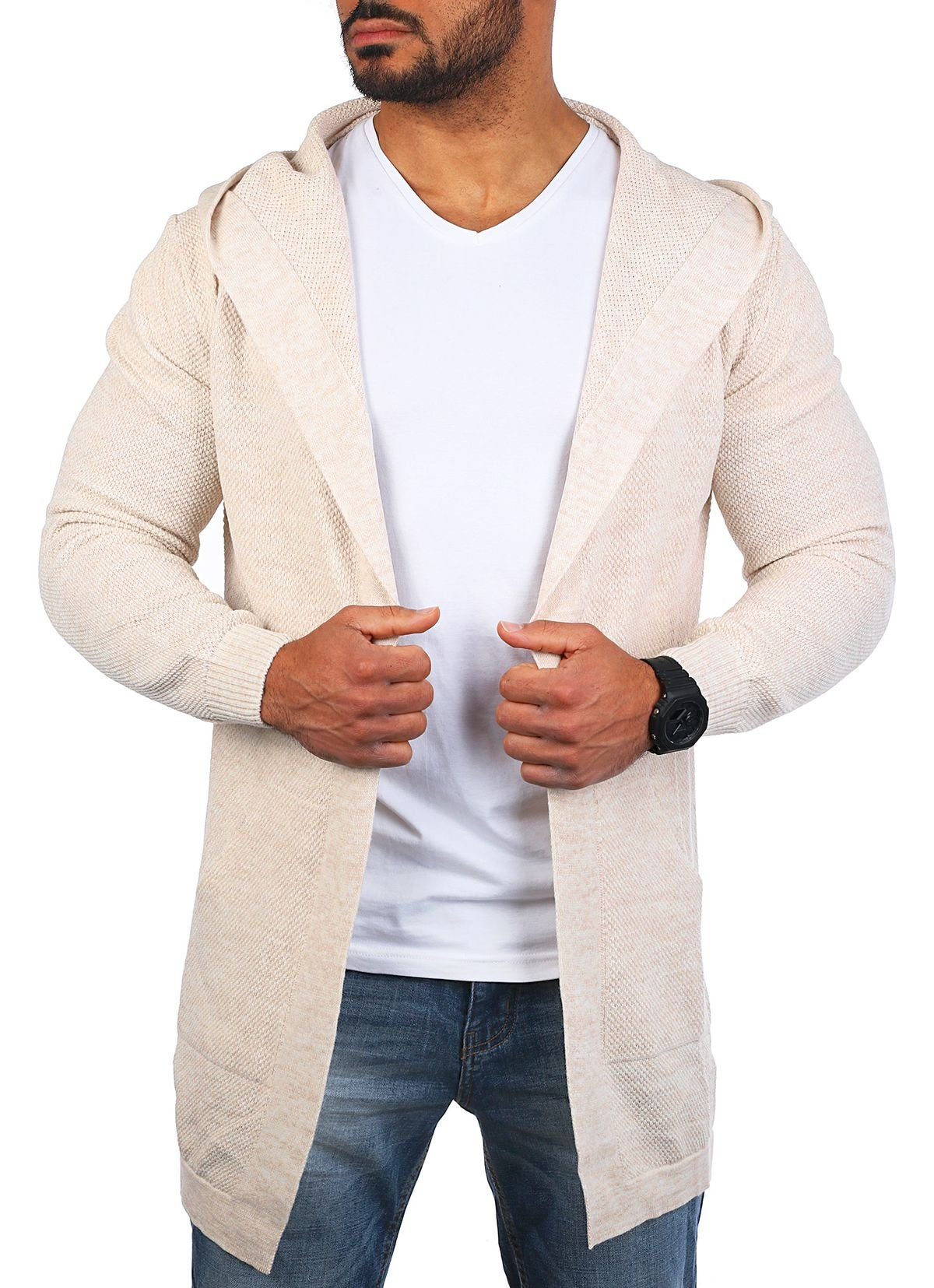 Weste Herren lange Cardigan Unifarbe Strickjacke Herren in Passform Beige Feinstrick leichte 7717 CARISMA