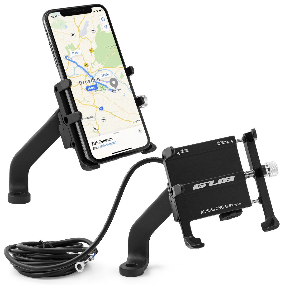 MidGard Motorrad Rückspiegel Halterung für Handy, E-Bike Scooter Roller Halter Smartphone-Halterung, (bis 7.5 Zoll, mit USB-Ladebuchse für Handys von 3,5 bis 7,5 Zoll)