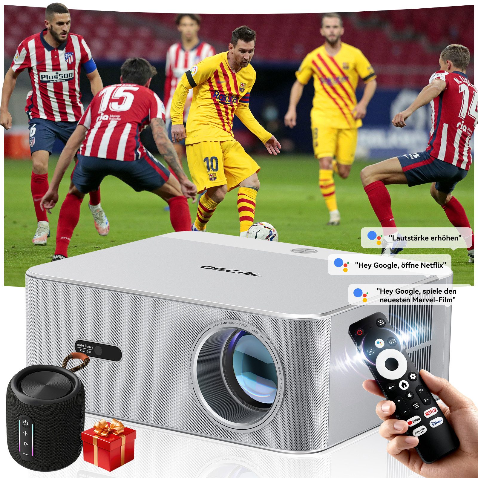 OSCAL PV800 PRO: 1400 ANSI Lumen, 4K incl. Bluetooth Laustprecher Beamer (1400 lm, Google TV, WiFi 6, Auto-Fokus, Auto-Keystone, BT 5.0, 4000:1 Kontrast)