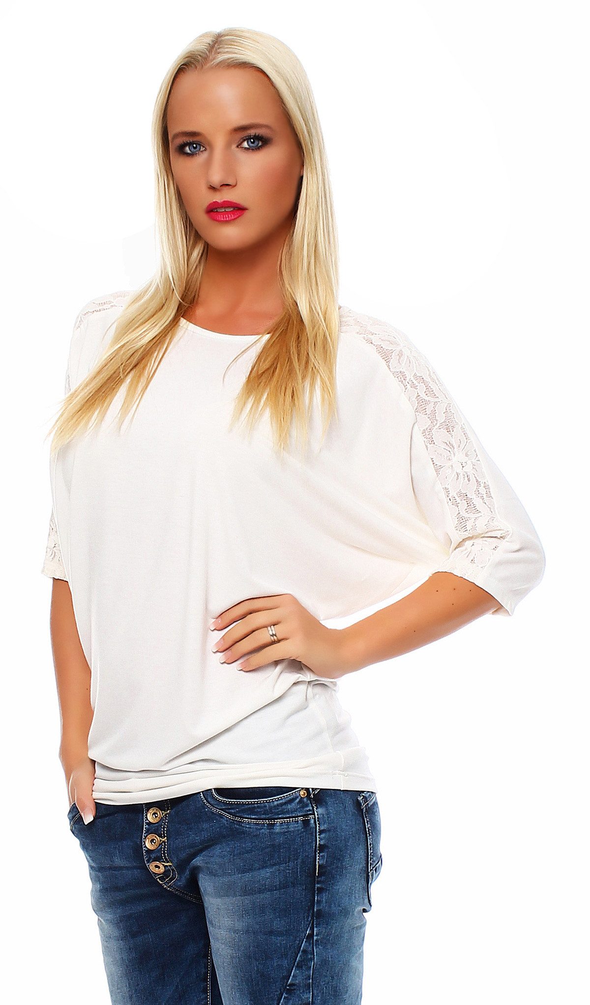 Mississhop 3/4-Arm-Shirt Damen Shirt mit Spitze – elegant & bequem günstig online kaufen