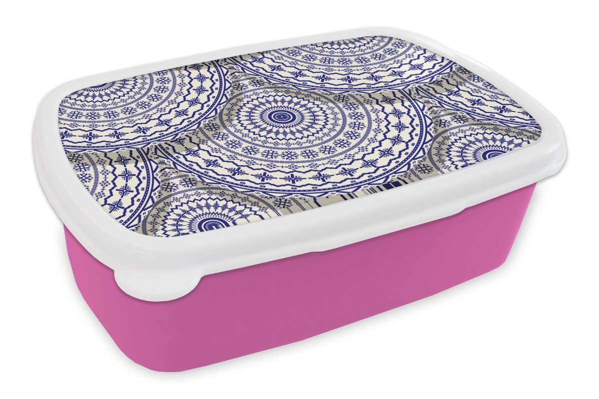 MuchoWow Lunchbox Design - Delfter Blau - Muster, Kunststoff, (2-tlg), Brotbox für Erwachsene, Brotdose Kinder, Snackbox, Mädchen, Kunststoff rosa