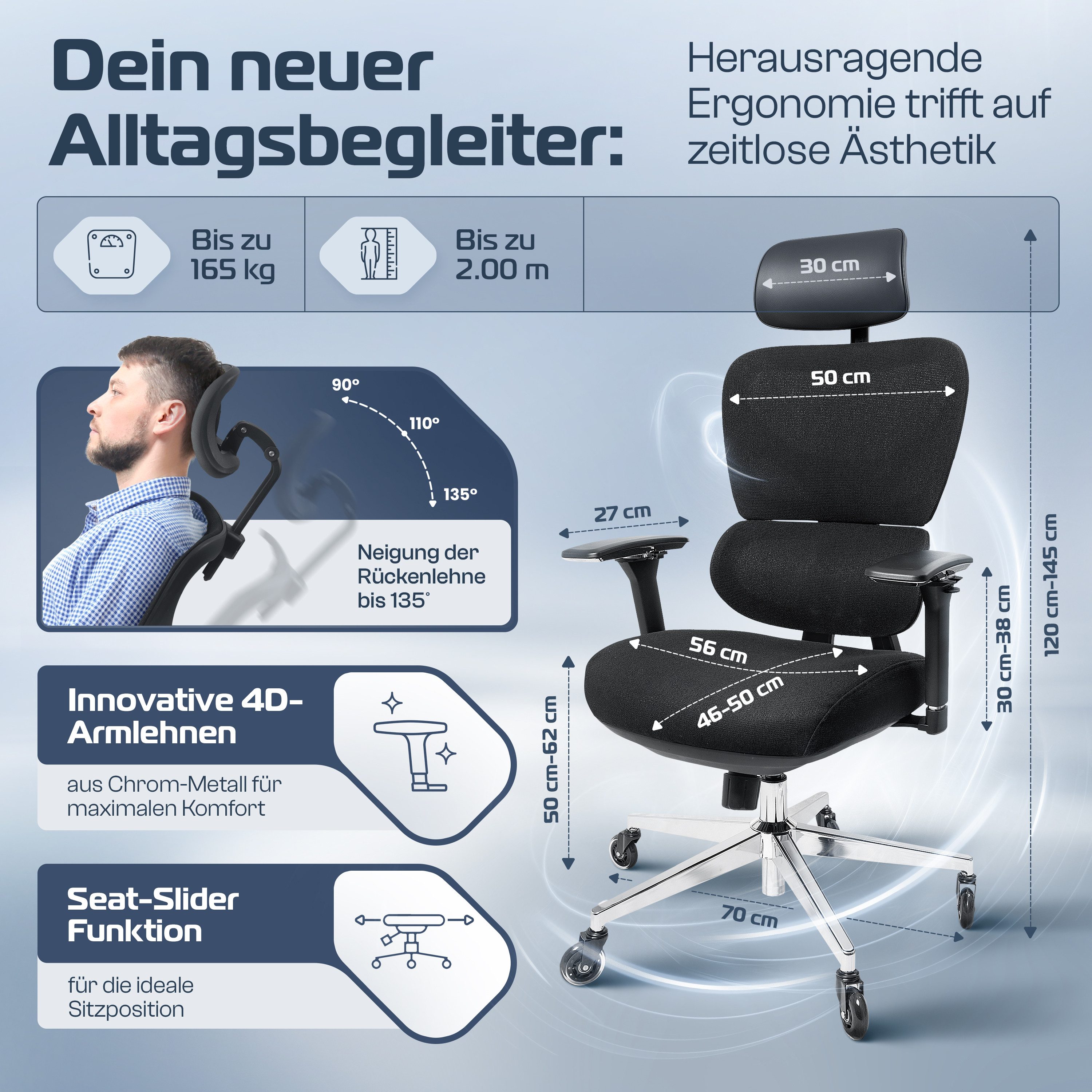 CLOUVOU Bürostuhl ergonomisch, Schreibtischstuhl bis 150 kg - Testsieger (P günstig online kaufen