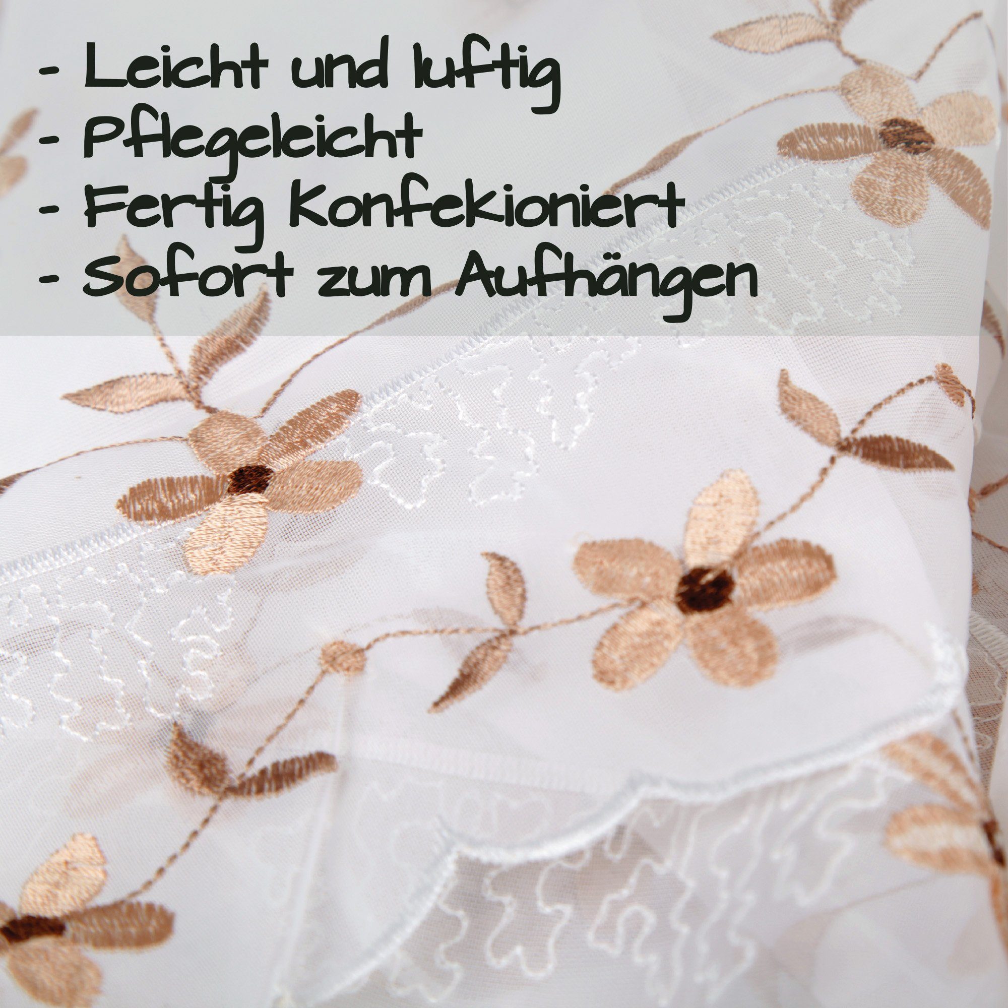 Küchengardine transparent, Voile, Bronze Schlaufen Angie, Stangendurchzug, mit Arsvita, Scheibengardine Transparente - Bistrogardine Blumen