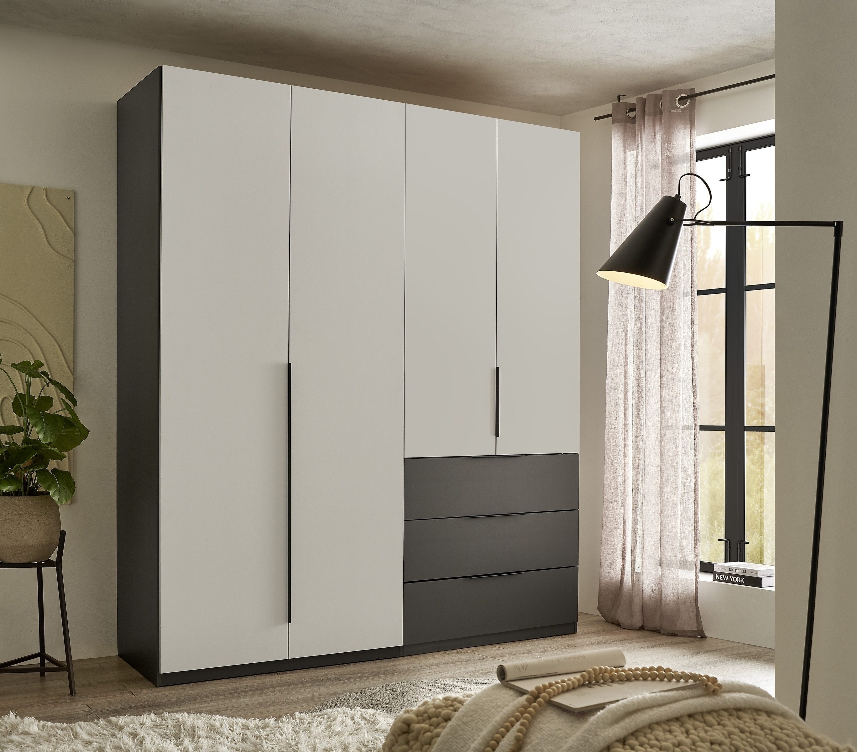 Schlafkontor Drehtürenschrank 4 Böden, 1 Stange, 3 Schübe, Graphit/Hellgrau - 200,5x225,5x60 (BxHxT)